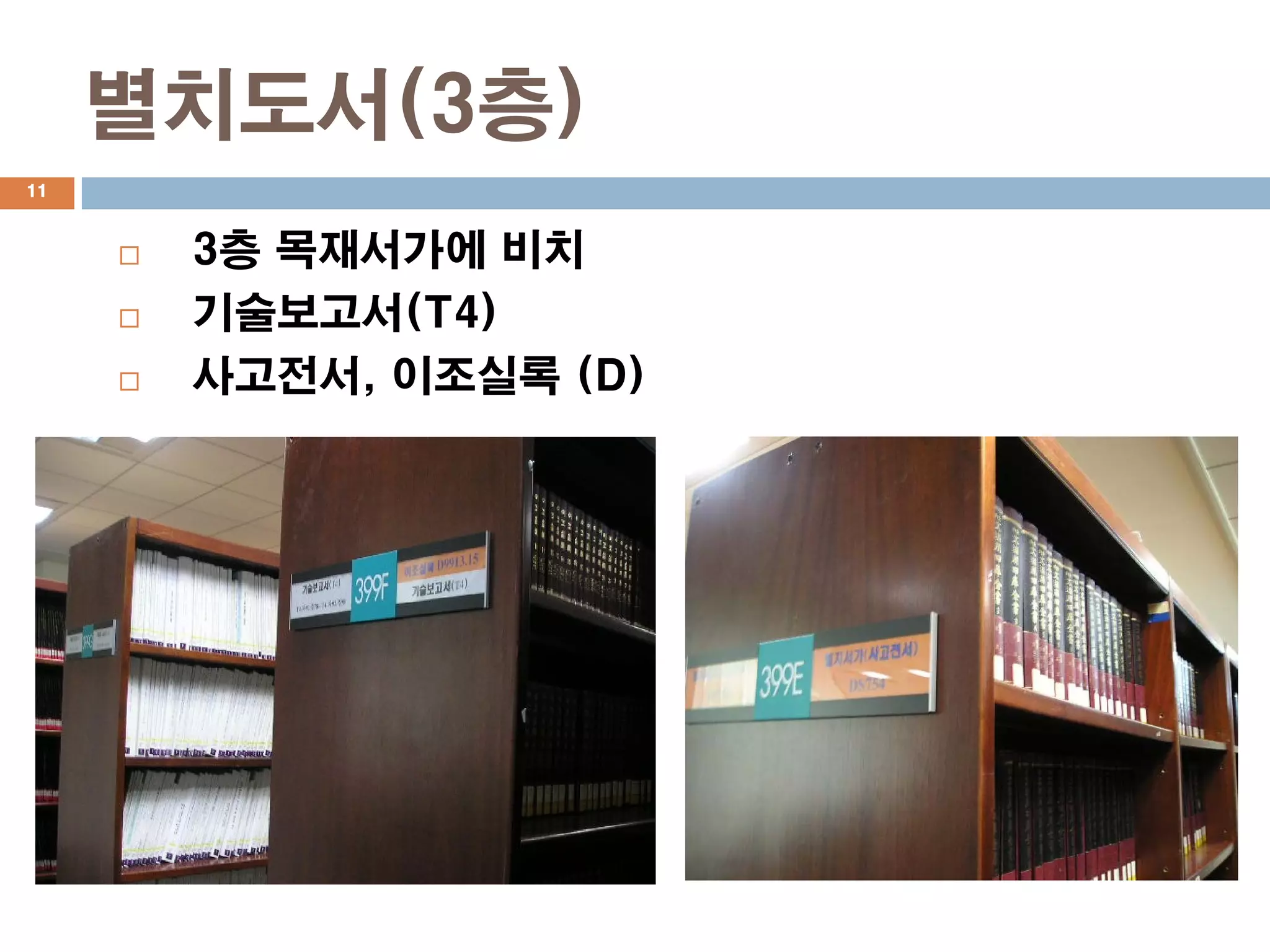 별치도서(3층)
11



        3층 목재서가에 비치
        기술보고서(T4)
        사고전서, 이조실록 (D)
 