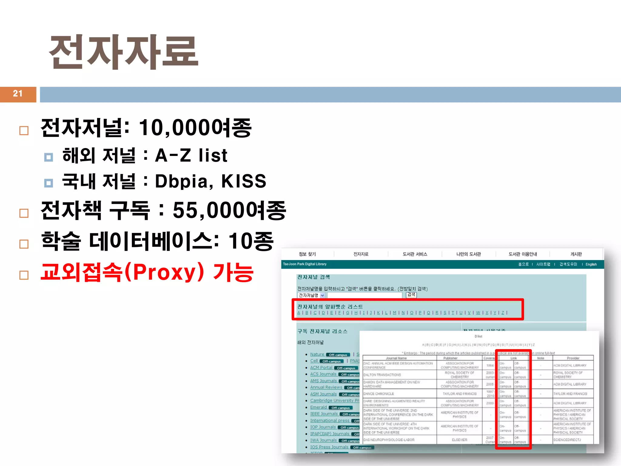 전자자료
21



    전자저널: 10,000여종
        해외 저널 : A-Z list
        국내 저널 : Dbpia, KISS
    전자책 구독 : 55,000여종
    학술 데이터베이스: 10종
    교외접속(Proxy) 가능
 