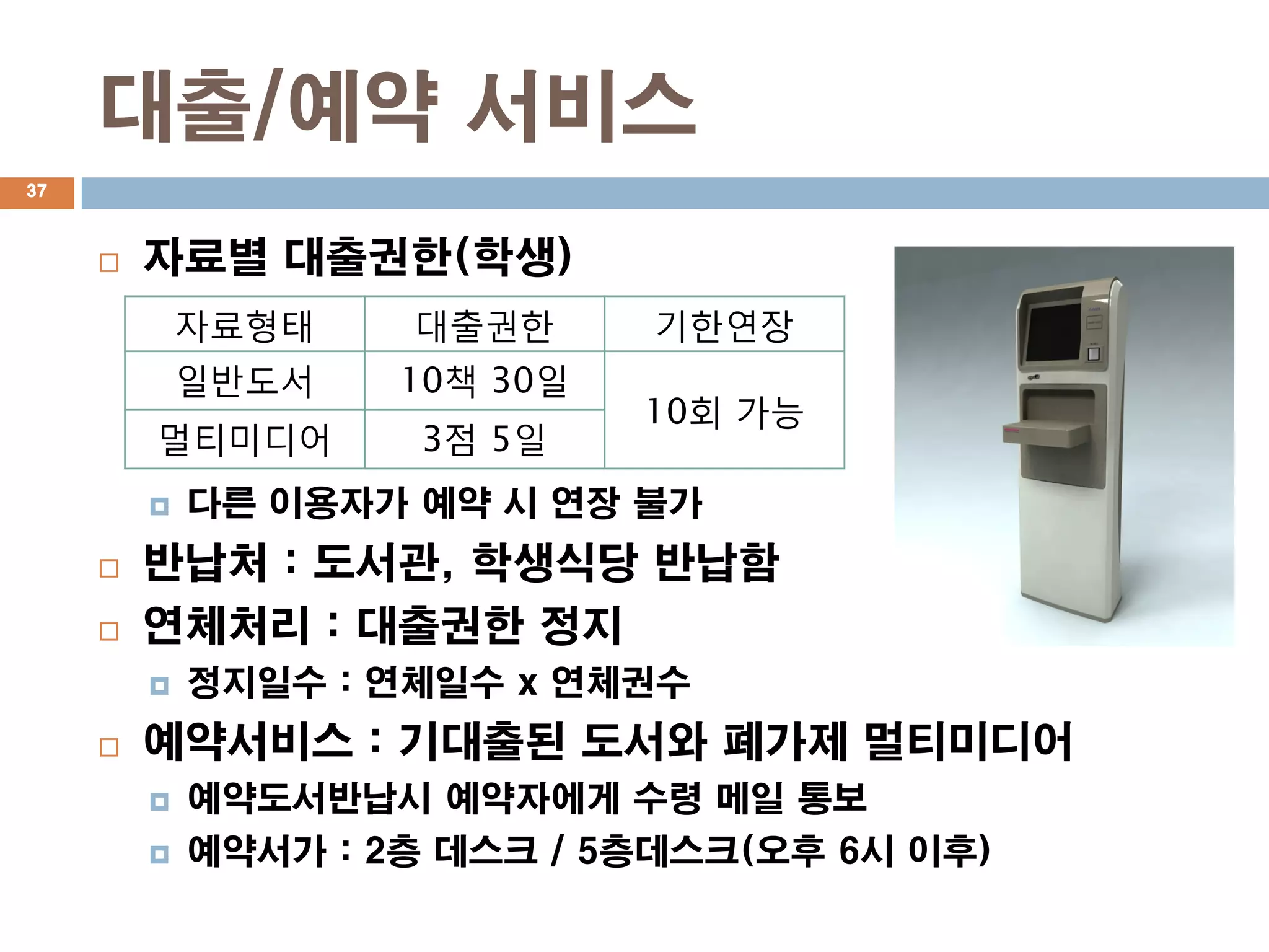 대출/예약 서비스
37



        자료별 대출권한(학생)
             자료형태    대출권한      기한연장
             일반도서    10책 30일
                               10회 가능
         멀티미디어        3점 5일
            다른 이용자가 예약 시 연장 불가
        반납처 : 도서관, 학생식당 반납함
        연체처리 : 대출권한 정지
            정지일수 : 연체일수 x 연체권수
        예약서비스 : 기대출된 도서와 폐가제 멀티미디어
            예약도서반납시 예약자에게 수령 메일 통보
            예약서가 : 2층 데스크 / 5층데스크(오후 6시 이후)
 
