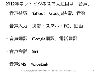 2012

                   Yahoo! Google

                                   PC

                   Google

                   Siri

       SNS VoiceLink
           (   )                        1
 
