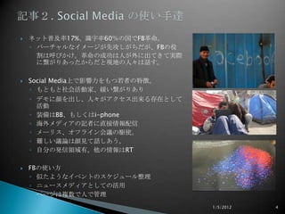?   ͥåռ17%R60ιFB
    ? Щ`ʥ`ȹFB
      ϺӤγɹˤ˳ƤƌgH
      ˿ꤢäȬFؤˡԒ

?   Social MediaϤӰߤ؏ա
    ? ȤӼҡꤢ
    ? ǥˡڤȤ
      
    ? װBB⤷i-phone
    ? ǥӛߤֱ
    ? `ꥹե饤hlʹ
    ? yhՓҊԒ
    ? Է֤ΰkIСRT

?   FBʹ
    ? Ƥ褦ʥ٥ȤΥ`
    ? ˥`ǥȤƤλ
    ? ک`}ˤǹ
                                 1/5/2012   4
 