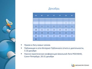 Декабрь

              ПН    ВТ     СР    ЧТ    ПТ    СБ    ВС




                                             1     2

               3     4     5      6      7   8     9

               10    11    12     13   14    15    16

               17    18    19     20   21    22    23

               24    25    26     27   28    29    30

               31



   Прием в Лигу новых членов.
   Публикация в сети Интернет Публичного отчета о деятельности,
    5-10 декабря
   Научно-практическая конференция Школьной Лиги РОСНАНО,
    Санкт-Петербург, 20-21 декабря
 