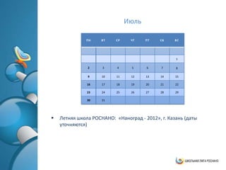 Июль

              ПН    ВТ    СР     ЧТ    ПТ   СБ    ВС




                                                   1

               2     3     4     5     6     7     8

               9     10    11    12    13    14    15

               16    17    18    19    20    21    22

               23    24    25    26    27    28    29

               30    31




   Летняя школа РОСНАНО: «Наноград - 2012», г. Казань (даты
    уточняются)
 