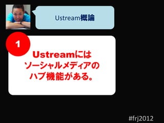 Ustream概論


1
     Ustreamには
    ソーシャルメディアの
     ハブ機能がある。



                    #frj2012
 