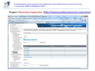 IX международная научно-методическая конференция «Новые образовательные технологии в вузе»,
    г. Екатеринбург, УрФУ, 8-10 февраля 2012 г.


Раздел «Практика студентов» (http://vlavrov.professorjournal.ru/practice)
 
