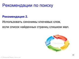 51
Рекомендации по поиску
Рекомендация 2.
Использовать синонимы ключевых слов,
если список найденных страниц слишком мал.
(©) Владислав Лавров, vlavrov.com
 