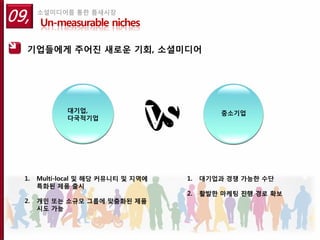 09,    소셜미디어를 통한 틈새시장
       Un-measurable niches

  기업들에게 주어진 새로운 기회, 소셜미디어




              대기업,                            중소기업
              다국적기업




  1.   Multi-local 및 해당 커뮤니티 및 지역에   1.   대기업과 경쟁 가능한 수단
       특화된 제품 출시
                                     2.   활발한 마케팅 진행 경로 확보
  2.   개인 또는 소규모 그룹에 맞춤화된 제품
       시도 가능
 