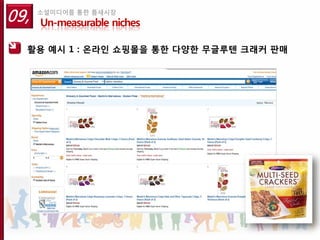 09,   소셜미디어를 통한 틈새시장
      Un-measurable niches

  활용 예시 1 : 온라인 쇼핑몰을 통한 다양한 무글루텐 크래커 판매
 
