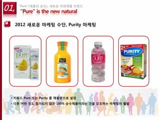 01,    “Pure”(제품의 순도), 새로운 자연제품 트렌드
       “Pure” is the new natural

      2012 새로운 마케팅 수단, Purity 마케팅




  • 키워드 Pure 또는 Purity 를 제품명으로 설정
  • 다른 어떤 것도 첨가되지 않은 100% 순수제품이라는 것을 강조하는 마케팅이 활발
 