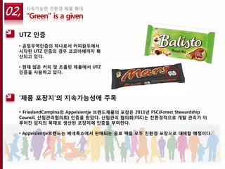 02,   지속가능한 친환경 제품 확대
      “Green” is a given

  UTZ 인증
  • 공정무역인증의 하나로서 커피원두에서
  시작된 UTZ 인증의 경우 코코아에까지 확
  산되고 있다.

  • 현재 많은 커피 및 초콜릿 제품에서 UTZ
  인증을 사용하고 있다.




  ‘제품 포장지’의 지속가능성에 주목

  • FrieslandCampina의 Appelsientje 브랜드제품의 포장은 2011년 FSC(Forest Stewardship
  Council, 산림관리협의회) 인증을 받았다. 산림관리 협의회(FSC)는 친환경적으로 개발 관리가 이
  루어진 임지의 목재로 생산된 포장지에 인증을 부여한다.

  • Appelsientje브랜드는 베네룩스에서 판매되는 음료 팩을 모두 친환경 포장으로 대체할 예정이다.
 