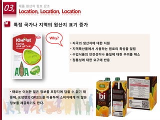 03,   제품 원산지 정보 강조
      Location, Location, Location

  특정 국가나 지역의 원산지 표기 증가

                   Why?
                             • 자국의 생산자에 대한 지원
                             • 지역특산품에서 사용하는 원료의 특성을 알림
                             • 수입식품의 안전성이나 품질에 대한 우려를 해소
                             • 정통성에 대한 요구에 반응




 • 때로는 이러한 많은 정보를 포장지에 담을 수 없기 때
 문에, 포장면의 QR코드를 이용하여 소비자에게 더 많은
 정보를 제공하기도 한다.
 