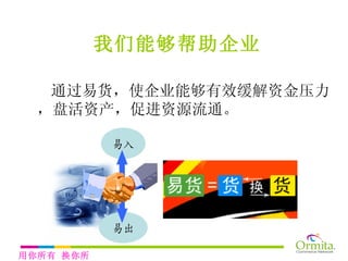 我们能够帮助企业 通过易货，使企业能够有效缓解资金压力，盘活资产，促进资源流通。 用你所有 换你所需 