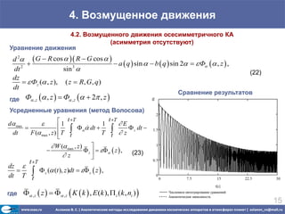 4. Возмущенное движения
                 4.2. Возмущенного движения осесимметричного КА
                             (асимметрия отсутствуют)
Уравнение движения
  d 2  G  R cos   R  G cos  
                                      a  q  sin   b  q  sin 2   Ф  , z  ,
  dt 2                 sin 3 
                                                                                           (22)
  dz
        Фz ( , z ), ( z  R, G, q)
  dt
                                                                      Сравнение результатов
где Ф , z  , z   Ф , z   2 , z                         
Усредненные уравнения (метод Волосова)

d max                  1 t T           1
                                             t T
                                                  E
         F ( max , z )  T               T  z
                                 dt 
                                                     z dt 
 dt
                             t                t
                      W ( max , z ) 
                                     z     z  ,   (23)
                          z             
     t T
dz 
  
dt T t   z ( (t ), z)dt   z  z  ,

                             
где  , z  z    , z K  k  , E (k ),  i (k , ni )   
                                                                                                  15
 
