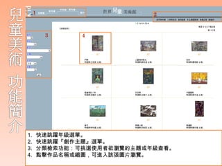 1                    2


         3   4




1.   快速跳躍年級選單。
2.   快速跳躍『創作主題』選單。
3.   分類檢索功能：可挑選使用者欲瀏覽的主題或年級查看。
4.   點擊作品名稱或縮圖，可進入該張圖片瀏覽。
 