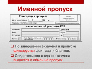 Именной пропуск




 По завершении экзамена в пропуске
 фиксируется факт сдачи бланков.
 Свидетельство о сдаче экзамена
 выдается в обмен на пропуск
 