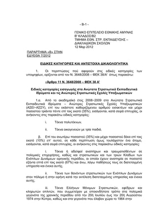 - Β-1 -

                                 ΓΕΝΙΚΟ ΕΠΙΤΕΛΕΙΟ ΕΘΝΙΚΗΣ ΑΜΥΝΑΣ
                                 Β' ΚΛΑΔΟΣ/Β2
                                 ΤΜΗΜΑ ΕΘΝ. ΣΤΡ. ΕΚΠΑΙΔΕΥΣΗΣ –
                                 ΔΙΑΚΛΑΔΙΚΩΝ ΣΧΟΛΩΝ
                                 12 Μαρ 2012
ΠΑΡΑΡΤΗΜΑ «Β» ΣΤΗΝ
ΕΔΥΕΘΑ 7/2012

         ΕΙΔΙΚΕΣ ΚΑΤΗΓΟΡΙΕΣ ΚΑΙ ΑΝΤΙΣΤΟΙΧΑ ΔΙΚΑΙΟΛΟΓΗΤΙΚΑ

     1.    Οι περιπτώσεις πού αφορούν στις ειδικές κατηγορίες των
υποψηφίων, ορίζονται από τον Ν. 3648/2008 – ΦΕΚ 38/Α' όπως παρακάτω:

             «Άρθρο 11 Ν. 3648/2008 – ΦΕΚ 38 Α'

   Ειδικές κατηγορίες εισαγωγής στα Ανώτατα Στρατιωτικά Εκπαιδευτικά
      Ιδρύματα και τις Ανώτερες Στρατιωτικές Σχολές Υπαξιωματικών

      1.α. Από το ακαδημαϊκό έτος 2008−2009 στα Ανώτατα Στρατιωτικά
Εκπαιδευτικά Ιδρύματα – Ανώτερες Στρατιωτικές Σχολές Υπαξιωματικών
(ΑΣΕΙ−ΑΣΣΥ), επί του εκάστοτε καθοριζόμενου αριθμού εισακτέων και μέχρι
ποσοστού τριάντα πέντε επί τοις εκατό (35%), εισάγονται, κατά σειρά επιτυχίας, οι
ανήκοντες στις παρακάτω ειδικές κατηγορίες:

             i.    Τέκνα πολυτέκνων.

             ii.   Τέκνα οικογενειών με τρία παιδιά.

        β. Επί του ανωτέρω ποσοστού (35%) και μέχρι ποσοστού δέκα επί τοις
εκατό (10%) επ’ αυτού, σε κάθε περίπτωση όμως τουλάχιστον ένα άτομο,
εισάγονται, κατά σειρά επιτυχίας, οι ανήκοντες στις παρακάτω ειδικές κατηγορίες:

             i.     Τέκνα ή αδελφοί αναπήρων και τραυματισθέντων σε
πολεμικές επιχειρήσεις, καθώς και στρατιωτικών και των τριών Κλάδων των
Ενόπλων Δυνάμεων ειρηνικής περιόδου, οι οποίοι έχουν αναπηρία σε ποσοστό
εξήντα επτά επί τοις εκατό (67%) και άνω, λόγω παθήσεώς τους σε διατεταγμένη
υπηρεσία και ένεκα αυτής.

            ii.   Τέκνα των θανόντων στρατιωτικών των Ενόπλων Δυνάμεων
στον πόλεμο ή στην ειρήνη κατά την εκτέλεση διατεταγμένης υπηρεσίας και ένεκα
αυτής.

            iii.  Τέκνα Ελλήνων Μόνιμων Στρατιωτικών, εφέδρων και
κληρωτών οπλιτών, που συμμετείχαν με οποιονδήποτε τρόπο στα πολεμικά
γεγονότα της χρονικής περιόδου από την 20ή Ιουλίου έως την 20ή Αυγούστου
1974 στην Κύπρο, καθώς και στα γεγονότα που έλαβαν χώρα το 1964 στην
 