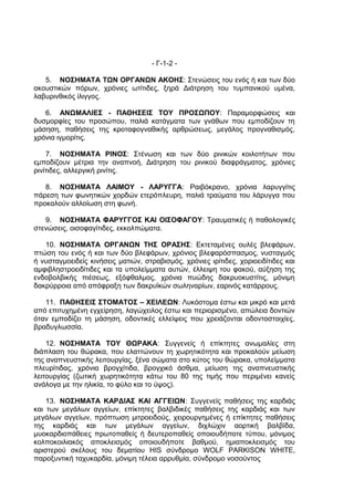 - Γ-1-2 -

   5. ΝΟΣΗΜΑΤΑ ΤΩΝ ΟΡΓΑΝΩΝ ΑΚΟΗΣ: Στενώσεις του ενός ή και των δύο
ακουστικών πόρων, χρόνιες ωτίτιδες, ξηρά Διάτρηση του τυμπανικού υμένα,
λαβυρινθικός ίλιγγος.

   6. ΑΝΩΜΑΛΙΕΣ - ΠΑΘΗΣΕΙΣ ΤΟΥ ΠΡΟΣΩΠΟΥ: Παραμορφώσεις και
δυσμορφίες του προσώπου, παλιά κατάγματα των γνάθων που εμποδίζουν τη
μάσηση, παθήσεις της κροταφογναθικής αρθρώσεως, μεγάλος προγναθισμός,
χρόνια ιγμορίτις.

    7. ΝΟΣΗΜΑΤΑ ΡΙΝΟΣ: Στένωση και των δύο ρινικών κοιλοτήτων που
εμποδίζουν μέτρια την αναπνοή, Διάτρηση του ρινικού διαφράγματος, χρόνιες
ρινίτιδες, αλλεργική ρινίτις.

   8. ΝΟΣΗΜΑΤΑ ΛΑΙΜΟΥ - ΛΑΡΥΓΓΑ: Ραιβόκρανο, χρόνια λαρυγγίτις
πάρεση των φωνητικών χορδών ετερόπλευρη, παλιά τραύματα του λάρυγγα που
προκαλούν αλλοίωση στη φωνή.

   9. ΝΟΣΗΜΑΤΑ ΦΑΡΥΓΓΟΣ ΚΑΙ ΟΙΣΟΦΑΓΟΥ: Τραυματικές ή παθολογικές
στενώσεις, οισοφαγίτιδες, εκκολπώματα.

   10. ΝΟΣΗΜΑΤΑ ΟΡΓΑΝΩΝ ΤΗΣ ΟΡΑΣΗΣ: Εκτεταμένες ουλές βλεφάρων,
πτώση του ενός ή και των δύο βλεφάρων, χρόνιος βλεφαρόσπασμος, νυσταγμός
ή νυσταγμοειδείς κινήσεις ματιών, στραβισμός, χρόνιες ιρίτιδες, χοριοειδίτιδες και
αμφιβληστροειδίτιδες και τα υπολείμματα αυτών, έλλειψη του φακού, αύξηση της
ενδοβολβικής πιέσεως, εξόφθαλμος, χρόνια πυώδης δακρυοκυστίτις, μόνιμη
δακρύρροια από απόφραξη των δακρυϊκών σωληναρίων, εαρινός κατάρρους.

   11. ΠΑΘΗΣΕΙΣ ΣΤΟΜΑΤΟΣ – ΧΕΙΛΕΩΝ: Λυκόστομα έστω και μικρό και μετά
από επιτυχημένη εγχείρηση, λαγώχειλος έστω και περιορισμένο, απώλεια δοντιών
όταν εμποδίζει τη μάσηση, οδοντικές ελλείψεις που χρειάζονται οδοντοστοιχίες,
βραδυγλωσσία.

    12. ΝΟΣΗΜΑΤΑ ΤΟΥ ΘΩΡΑΚΑ: Συγγενείς ή επίκτητες ανωμαλίες στη
διάπλαση του θώρακα, που ελαττώνουν τη χωρητικότητα και προκαλούν μείωση
της αναπνευστικής λειτουργίας, ξένα σώματα στο κύτος του θώρακα, υπολείμματα
πλευρίτιδας, χρόνια βρογχίτιδα, βρογχικό άσθμα, μείωση της αναπνευστικής
λειτουργίας (ζωτική χωρητικότητα κάτω του 80 της τιμής που περιμένει κανείς
ανάλογα με την ηλικία, το φύλο και το ύψος).

    13. ΝΟΣΗΜΑΤΑ ΚΑΡΔΙΑΣ ΚΑΙ ΑΓΓΕΙΩΝ: Συγγενείς παθήσεις της καρδιάς
και των μεγάλων αγγείων, επίκτητες βαλβιδικές παθήσεις της καρδιάς και των
μεγάλων αγγείων, πρόπτωση μιτροειδούς, χειρουργημένες ή επίκτητες παθήσεις
της καρδιάς και των μεγάλων αγγείων, διχλώχιν αορτική βαλβίδα,
μυοκαρδιοπάθειες πρωτοπαθείς ή δευτεροπαθείς οποιουδήποτε τύπου, μόνιμος
κολποκοιλιακός αποκλεισμός οποιουδήποτε βαθμού, ημιαποκλεισμός του
αριστερού σκέλους του δεματίου HIS σύνδρομο WOLF PARKISON WHITE,
παροξυντική ταχυκαρδία, μόνιμη τέλεια αρρυθμία, σύνδρομο νοσούντος
 