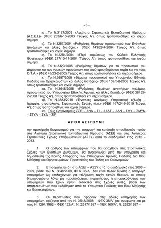 -3-

           ιστ. Το Ν.3187/2003 «Ανώτατα Στρατιωτικά Εκπαιδευτικά Ιδρύματα
(Α.Σ.Ε.Ι.)» (ΦΕΚ 233/6-10-2003 Τεύχος Α'), όπως τροποποιήθηκε και ισχύει
σήμερα.
           ιζ. Το Ν.3257/2004 «Ρυθμίσεις θεμάτων προσωπικού των Ενόπλων
Δυνάμεων και άλλες διατάξεις.» (ΦΕΚ 143/29-7-2004 Τεύχος Α'), όπως
τροποποιήθηκε και ισχύει σήμερα.
           ιη. Το Ν.3284/2004 «Περί κυρώσεως του Κώδικα Ελληνικής
Ιθαγένειας» (ΦΕΚ 217/10-11-2004 Τεύχος Α'), όπως τροποποιήθηκε και ισχύει
σήμερα.
           ιθ. Το Ν.3320/2005 «Ρυθμίσεις θεμάτων για το προσωπικό του
Δημοσίου και των νομικών προσώπων του ευρύτερου δημόσιου τομέα και για τους
Ο.Τ.Α.» (ΦΕΚ 48/23-2-2005 Τεύχος Α'), όπως τροποποιήθηκε και ισχύει σήμερα.
           κ. Το Ν.3687/2008 «Θέματα προσωπικού του Υπουργείου Εθνικής
Παιδείας και Θρησκευμάτων και άλλες διατάξεις» (ΦΕΚ 159/5-8-2008 Τεύχος Α'),
όπως τροποποιήθηκε και ισχύει σήμερα.
           κα. Το Ν.3648/2008 «Ρυθμίσεις θεμάτων αναπήρων πολέμου,
προσωπικού του Υπουργείου Εθνικής Άμυνας και άλλες διατάξεις» (ΦΕΚ 38/ 29-
2-2008 Τεύχος Α'), όπως τροποποιήθηκε και ισχύει σήμερα.
           κβ. Το Ν.3883/2010 «Ένοπλες Δυνάμεις: Υπηρεσιακή εξέλιξη –
Ιεραρχία, στρατολογία. Στρατιωτικές Σχολές κλπ.» (ΦΕΚ 167/24-9-2010 Τεύχος
Α'), όπως τροποποιήθηκε και ισχύει σήμερα.
           κγ. Τους Οργανισμούς ΣΣΕ – ΣΝΔ – ΣΙ – ΣΣΑΣ – ΣΑΝ – ΣΜΥ – ΣΜΥΝ
– ΣΤΥΑ – ΣΥΔ – ΣΙΡ

                          ΑΠΟΦΑΣΙΖΟΥΜΕ

την προκήρυξη διαγωνισμού για την εισαγωγή και κατάταξη σπουδαστών -τριών
στα Ανώτατα Στρατιωτικά Εκπαιδευτικά Ιδρύματα (ΑΣΕΙ) και στις Ανώτερες
Στρατιωτικές Σχολές Υπαξιωματικών (ΑΣΣΥ) κατά το ακαδημαϊκό έτος 2012 –
2013.

      1.    Ο αριθμός των υποψήφιων που θα εισαχθούν στις Στρατιωτικές
Σχόλες των Ενόπλων Δυνάμεων, θα ανακοινωθεί μετά την υπογραφή και
δημοσίευση της Κοινής Απόφασης των Υπουργείων Άμυνας, Παιδείας Δια Βίου
Μάθησης και Θρησκευμάτων, Προστασίας του Πολίτη και Οικονομικών.

      2.    Επισημαίνεται ότι στα ΑΣΕΙ – ΑΣΣΥ από το ακαδημαϊκό έτος 2008 –
2009, βάσει του Ν. 3648/2008, ΦΕΚ 38/Α΄, δεν είναι πλέον δυνατή η εισαγωγή
υποψηφίων ως επιλαχόντων για πλήρωση τυχόν κενών θέσεων, οι οποίες
δημιουργούνται λόγω μη παρουσιάσεως, παραιτήσεως ή απομακρύνσεως των
υποψηφίων που έχουν κριθεί εισακτέοι στις Σχολές αυτές, βάσει των
αποτελεσμάτων που εκδόθηκαν από το Υπουργείο Παιδείας Δια Βίου Μάθησης
και Θρησκευμάτων.

      3.     Οι περιπτώσεις πού αφορούν στις ειδικές κατηγορίες των
υποψηφίων, ορίζονται από τον Ν. 3648/2008 – ΦΕΚ 38/Α΄ (σε συμφωνία και με
τους Ν. 1294/1982 – ΦΕΚ 122/Α΄, Ν. 2517/1997 – ΦΕΚ 160/Α΄, Ν. 2552/1997 –
 