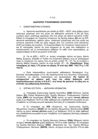 - Γ-1-5 -

                   ΙΔΙΑΙΤΕΡΕΣ ΥΓΕΙΟΝΟΜΙΚΕΣ ΑΠΑΙΤΗΣΕΙΣ

   1.   ΣΩΜΑΤΟΜΕΤΡΙΚΑ ΣΤΟΙΧΕΙΑ

         α. Κρίνονται ακατάλληλοι για είσοδο σε ΑΣΕΙ – ΑΣΣΥ, όσοι άνδρες έχουν
ανάστημα μικρότερο από ένα μέτρο και εβδομήντα εκατοστά (1,70) και όσες
γυναίκες έχουν ανάστημα μικρότερο από ένα μέτρο και εξήντα εκατοστά (1,60).
Ειδικά, οι υποψήφιοι του Τμήματος Ιπταμένων της Σχολής Ικάρων (ΣΙ) και της ΣΙΡ,
κρίνονται ακατάλληλοι, εφόσον έχουν ανάστημα μεγαλύτερο από ένα μέτρο και
ενενήντα εκατοστά (1,90) και ύψος κορμού άνω των ενενήντα επτά εκατοστών
(0,97) για άνδρες και γυναίκες. Το σωματικό βάρος του Ιπταμένου προσωπικού Α΄
και Β΄ κατηγορίας πρέπει να είναι σύμφωνο με τα όρια που καθορίζουν οι
κατασκευαστές για το εκτινασσόμενο κάθισμα, σε κάθε τύπο αεροσκάφους, με
ελάχιστο βάρος τα 63,5 και μέγιστο τα 93 κιλά.

        β. Για τα ΑΣΕΙ – ΑΣΣΥ, οι άντρες υποψήφιοι πρέπει να έχουν, Δείκτη
Μάζας Σώματος, (δηλαδή το πηλίκο του σωματικού βάρους τους σε χιλιόγραμμα
προς το τετράγωνο του ύψους τους σε μέτρα), μεταξύ 19 – 27. Για τις γυναίκες ο
Δείκτης Μάζας Σώματος πρέπει να είναι μεταξύ 18 – 25. (Παράδειγμα: Ένας
υποψήφιος με ύψος 1,75 μέτρα και βάρος 74 κιλά έχει ΔΜΣ 74/(1,75 χ 1,75)
=24,16.

        γ. Όσοι παρουσιάζουν συμπτώματα μαθησιακών διαταραχών (π.χ.
δυσλεξία, δυσορθογραφία κ.λ.π), θα παραπέμπονται στις Ανώτατες Υγειονομικές
Επιτροπές, ως έχοντες παρεκκλίσεις του φυσιολογικού. Θα πρέπει δε
υποχρεωτικά να φέρουν μαζί τους και ειδική βεβαίωση από
Ιατροπαιδαγωγικό κέντρο ή Κ.Δ.Α.Υ., στο οποίο θα φαίνεται το είδος και το
επίπεδο της μαθησιακής δυσκολίας.

   2.   ΟΠΤΙΚΗ ΟΞΥΤΗΤΑ – ΑΝΤΙΛΗΨΗ ΧΡΩΜΑΤΩΝ

        α. Υποψήφιοι Στρατιωτικής Σχολής Ευελπίδων (ΣΣΕ) (Όπλων), Σχολής
Ικάρων (ΣΙ) (Τμήμα Μηχανικών,ΕΑ), Σχολής Μονίμων Υπαξιωματικών Στρατού
Ξηράς (ΣΜΥ) και Αεροπορίας (ΣΤΥΑ, ΣΥΔ) πρέπει να έχουν οπτική οξύτητα
χωρίς ή με διόρθωση 10/10 σε κάθε οφθαλμό και η διαθλαστική ανωμαλία να μην
υπερβαίνει τις τέσσερις και μισή σφαιρικές διοπτρίες (4 1/2) (σφαιρικό ισοδύναμο).

         β. Οι υποψήφιοι της ΣΣΕ (Σωμάτων), της Στρατιωτικής Σχολής
Αξιωματικών Σωμάτων (ΣΣΑΣ) και της Σχολής Αξιωματικών Νοσηλευτικής (ΣΑΝ)
πρέπει να έχουν οπτική οξύτητα χωρίς ή με διόρθωση 10/10 σε κάθε οφθαλμό
και η διαθλαστική ανωμαλία να μην υπερβαίνει τις 6 σφαιρικές διοπτρίες (σφαιρικό
ισοδύναμο).

       γ. Οι υποψήφιοι της Σχολής Ναυτικών Δοκίμων (ΣΝΔ) (Μάχιμοι) πρέπει
να έχουν οπτική οξύτητα χωρίς διόρθωση 10/10 σε κάθε οφθαλμό. Οι υποψήφιοι
της Σχολής Ναυτικών Δοκίμων (ΣΝΔ) (Μηχανικοί) και της Σχολής Μονίμων
Υπαξιωματικών Ναυτικού (ΣΜΥΝ) πρέπει να έχουν οπτική οξύτητα 1/10 σε κάθε
 