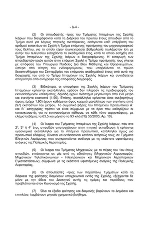 - Δ-4 -

           (2) Οι σπουδαστές -τριες του Τμήματος Ιπταμένων της Σχολής
Ικάρων που διαγράφονται κατά τη Διάρκεια του πρώτου έτους σπουδών από το
Τμήμα αυτό για λόγους πτητικής ανεπάρκειας, εισάγονται καθ' υπέρβαση του
αριθμού εισακτέων σε Σχολή ή Τμήμα επόμενης προτίμησης του μηχανογραφικού
τους δελτίου, για το οποίο είχαν συγκεντρώσει βαθμολογία τουλάχιστον ίση με
αυτήν του τελευταίου εισαχθέντα το ακαδημαϊκό έτος, κατά το οποίο εισήχθη στο
Τμήμα Ιπταμένων της Σχολής Ικάρων ο διαγραφόμενος. Η εισαγωγή των
σπουδαστών-τριών αυτών στην επόμενη Σχολή η Τμήμα προτίμησής τους γίνεται
με απόφαση του Υπουργού Παιδείας Δια Βίου Μάθησης και Θρησκευμάτων,
ύστερα από αίτηση του ενδιαφερόμενου, που υποβάλλεται το πρώτο
δεκαπενθήμερο του Σεπτεμβρίου του επόμενου ακαδημαϊκού έτους από αυτό της
διαγραφής του από το Τμήμα Ιπταμένων της Σχολής Ικάρων και συνοδεύεται
απαραίτητα από αντίγραφο της απόφασης διαγραφής.

           (3) Ειδικότερα, οι υποψήφιοι της Σχολής Ικάρων του Τμήματος
Ιπταμένων κρίνονται ακατάλληλοι, εφόσον δεν πληρούν τις προδιαγραφές του
εκτινασσόμενου καθίσματος, δηλαδή έχουν ανάστημα μεγαλύτερο από ένα μέτρο
και ενενήντα εκατοστά (1,90). Επίσης, ακατάλληλοι κρίνονται όσοι ανεξαρτήτως
ύψους (μέχρι 1,90) έχουν καθήμενοι ύψος κορμού μεγαλύτερο των ενενήντα επτά
(97) εκατοστών του μέτρου. Το σωματικό βάρος του Ιπταμένου προσωπικού Α΄
και Β΄ κατηγορίας πρέπει να είναι σύμφωνο με τα όρια που καθορίζουν οι
κατασκευαστές για το εκτινασσόμενο κάθισμα, σε κάθε τύπο αεροσκάφους, με
ελάχιστο βάρος τα 63,5 και μέγιστο τα 93 κιλά (ΠΔ 53/2003, Αρ. 10).

           (4) Οι Ίκαροι του Τμήματος Ιπταμένων της Σχολής Ικάρων, που στο
 ο   ο   ο
2 , 3 ή 4 έτος σπουδών αποτυγχάνουν στην πτητική εκπαίδευση ή κρίνονται
υγειονομικά ακατάλληλοι για το ιπτάμενο προσωπικό, κατάλληλοι όμως για
προσωπικό εδάφους, δύναται να εντάσσονται κατόπιν αιτήσεώς τους, σε Τμήματα
Ελεγκτών Αεράμυνας που συγκροτούνται ανάλογα με τις εκάστοτε υφιστάμενες
ανάγκες της Πολεμικής Αεροπορίας.

          (5) Οι Ίκαροι του Τμήματος Μηχανικών, με το πέρας του 1ου έτους
σπουδών, εντάσσονται σε μία από τις ειδικότητες (Μηχανικών Αεροσκαφών,
Μηχανικών Τηλεπικοινωνιών - Ηλεκτρονικών και Μηχανικών Αεροπορικών
Εγκαταστάσεων), σύμφωνα με τις εκάστοτε υφιστάμενες ανάγκες της Πολεμικής
Αεροπορίας.

           (6) Οι σπουδαστές -τριες των παραπάνω Τμημάτων κατά τη
διάρκεια της φοίτησης διαμένουν υποχρεωτικά εντός της Σχολής, εξέρχονται δε
μόνο με την άδεια του Διοικητού αυτής τις ημέρες και περιόδους που
προβλέπονται στον Κανονισμό της Σχολής.

           (7) Όλα τα έξοδα φοίτησης και διαμονής βαρύνουν το Δημόσιο και
επιπλέον, λαμβάνουν μηνιαίο χρηματικό βοήθημα.
 