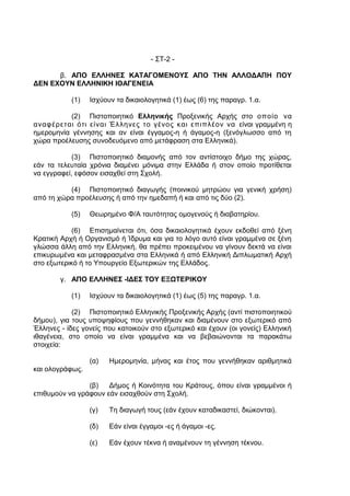 - ΣΤ-2 -

      β. ΑΠΟ ΕΛΛΗΝΕΣ ΚΑΤΑΓΟΜΕΝΟΥΣ ΑΠΟ ΤΗΝ ΑΛΛΟΔΑΠΗ ΠΟΥ
ΔΕΝ ΕΧΟΥΝ ΕΛΛΗΝΙΚΗ ΙΘΑΓΕΝΕΙΑ

           (1)   Ισχύουν τα δικαιολογητικά (1) έως (6) της παραγρ. 1.α.

           (2) Πιστοποιητικό Ελληνικής Προξενικής Αρχής στο οποίο να
αναφέρεται ότι είναι Έλληνες το γένος και επιπλέον να είναι γραμμένη η
ημερομηνία γέννησης και αν είναι έγγαμος-η ή άγαμος-η (ξενόγλωσσο από τη
χώρα προέλευσης συνοδευόμενο από μετάφραση στα Ελληνικά).

            (3) Πιστοποιητικό διαμονής από τον αντίστοιχο δήμο της χώρας,
εάν τα τελευταία χρόνια διαμένει μόνιμα στην Ελλάδα ή στον οποίο προτίθεται
να εγγραφεί, εφόσον εισαχθεί στη Σχολή.

          (4) Πιστοποιητικό διαγωγής (ποινικού μητρώου για γενική χρήση)
από τη χώρα προέλευσης ή από την ημεδαπή ή και από τις δύο (2).

           (5)   Θεωρημένο Φ/Α ταυτότητας ομογενούς ή διαβατηρίου.

            (6) Επισημαίνεται ότι, όσα δικαιολογητικά έχουν εκδοθεί από ξένη
Κρατική Αρχή ή Οργανισμό ή Ίδρυμα και για το λόγο αυτό είναι γραμμένα σε ξένη
γλώσσα άλλη από την Ελληνική, θα πρέπει προκειμένου να γίνουν δεκτά να είναι
επικυρωμένα και μεταφρασμένα στα Ελληνικά ή από Ελληνική Διπλωματική Αρχή
στο εξωτερικό ή το Υπουργείο Εξωτερικών της Ελλάδος.

        γ. ΑΠΟ ΕΛΛΗΝΕΣ -ΙΔΕΣ ΤΟΥ ΕΞΩΤΕΡΙΚΟΥ

           (1)   Ισχύουν τα δικαιολογητικά (1) έως (5) της παραγρ. 1.α.

            (2) Πιστοποιητικό Ελληνικής Προξενικής Αρχής (αντί πιστοποιητικού
δήμου), για τους υποψηφίους που γεννήθηκαν και διαμένουν στο εξωτερικό από
Έλληνες - ίδες γονείς που κατοικούν στο εξωτερικό και έχουν (οι γονείς) Ελληνική
ιθαγένεια, στο οποίο να είναι γραμμένα και να βεβαιώνονται τα παρακάτω
στοιχεία:

                 (α)   Ημερομηνία, μήνας και έτος που γεννήθηκαν αριθμητικά
και ολογράφως.

                (β)   Δήμος ή Κοινότητα του Κράτους, όπου είναι γραμμένοι ή
επιθυμούν να γράφουν εάν εισαχθούν στη Σχολή.

                 (γ)   Τη διαγωγή τους (εάν έχουν καταδικαστεί, διώκονται).

                 (δ)   Εάν είναι έγγαμοι -ες ή άγαμοι -ες.

                 (ε)   Εάν έχουν τέκνα ή αναμένουν τη γέννηση τέκνου.
 