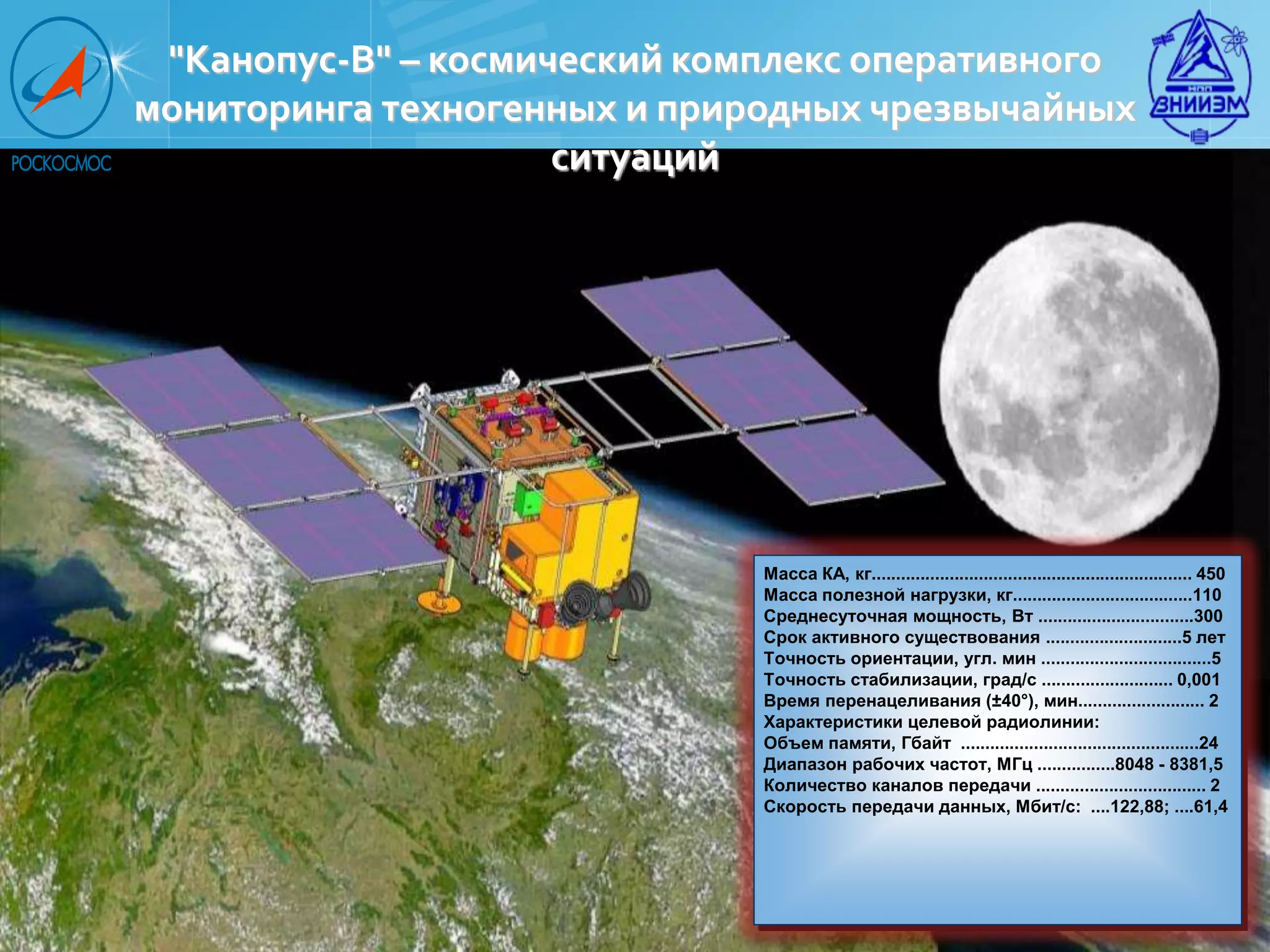 "Канопус-В" – космический комплекс оперативного
мониторинга техногенных и природных чрезвычайных
                     ситуаций




                              Масса КА, кг.................................................................. 450
                              Масса полезной нагрузки, кг.....................................110
                              Среднесуточная мощность, Вт ................................300
                              Срок активного существования ............................5 лет
                              Точность ориентации, угл. мин ...................................5
                              Точность стабилизации, град/с ........................... 0,001
                              Время перенацеливания (±40°), мин.......................... 2
                              Характеристики целевой радиолинии:
                              Объем памяти, Гбайт .................................................24
                              Диапазон рабочих частот, МГц ................8048 - 8381,5
                              Количество каналов передачи ................................... 2
                              Скорость передачи данных, Мбит/с: ....122,88; ....61,4
 
