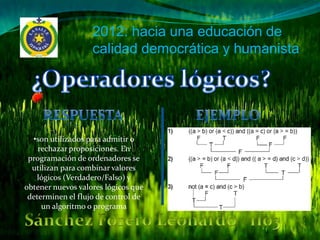 2012: hacia una educación de
                   calidad democrática y humanista




  •son utilizados para admitir o
    rechazar proposiciones. En
 programación de ordenadores se
  utilizan para combinar valores
   lógicos (Verdadero/Falso) y
obtener nuevos valores lógicos que
 determinen el flujo de control de
     un algoritmo o programa
 