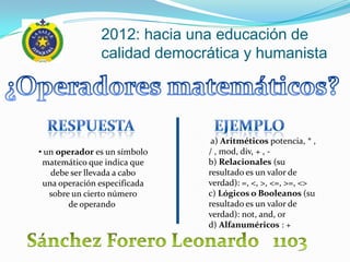 2012: hacia una educación de
               calidad democrática y humanista




                               a) Aritméticos potencia, * ,
• un operador es un símbolo   / , mod, div, + , -
 matemático que indica que    b) Relacionales (su
   debe ser llevada a cabo    resultado es un valor de
 una operación especificada   verdad): =, <, >, <=, >=, <>
   sobre un cierto número     c) Lógicos o Booleanos (su
        de operando           resultado es un valor de
                              verdad): not, and, or
                              d) Alfanuméricos : +
 