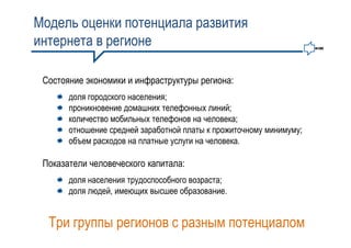 Модель оценки потенциала развития
интернета в регионе

 Состояние экономики и инфраструктуры региона:
       доля городского населения;
       проникновение домашних телефонных линий;
       количество мобильных телефонов на человека;
       отношение средней заработной платы к прожиточному минимуму;
       объем расходов на платные услуги на человека.

 Показатели человеческого капитала:
       доля населения трудоспособного возраста;
       доля людей, имеющих высшее образование.


  Три группы регионов с разным потенциалом
 