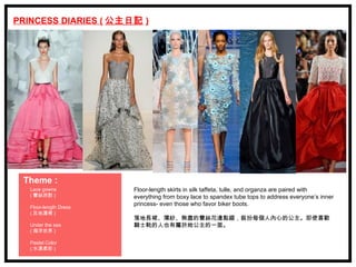 PRINCESS DIARIES ( 公主日記 )




 Theme :
   Lace gowns           Floor-length skirts in silk taffeta, tulle, and organza are paired with
   ( 蕾絲派對 )             everything from boxy lace to spandex tube tops to address everyone’s inner
                        princess- even those who favor biker boots.
   Floor-length Dress
   ( 及地蓬裙 )
                        落地長裙、薄紗、無盡的蕾絲花邊點綴，裝扮每個人內心的公主。即使喜歡
   Under the sea        騎士靴的人也有屬於她公主的一面。
   ( 海洋世界 )

   Pastel Color
   ( 水漾柔彩 )
 
