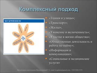     «Здания и улицы»;
                                         «Транспорт»;
                                         «Жилье»,
                                         «Уважение и включенность»;
                                         «Участие в жизни общества»;
                                         «Общественная деятельность и
                                          работа по найму»;
                                         «Информация и
                                          коммуникации»;
                                         «Социальные и медицинские
                                          услуги»

Презентация подготовлена Миннигалеевой Г.А. email: m.gulnara@gmail.com, +7(927)949-5578
 