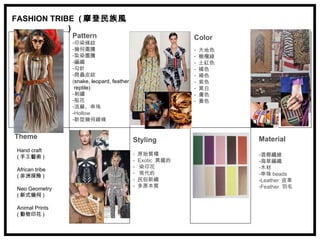 FASHION TRIBE ( 摩登民族風
            )
                Pattern                                   Color
                -印染條紋
                -幾何圖騰                                     -   大地色
                -紮染圖騰                                     -   橄欖綠
                -編織                                       -   土紅色
                -勾針                                       -   橘色
                -爬蟲皮紋                                     -   褐色
                (snake, leopard, feather &                -   紫色
                 reptile)                                 -   黑白
                -刺繡                                       -   膚色
                -貼花                                       -   黃色
                -流蘇、串珠
                -Hollow
                -新型幾何線條


Theme                                    Styling                    Material
Hand craft
                                         -   原始質樸                   -酒椰纖維
( 手工藝術 )
                                         -   Exotic 異國的             -海草編織
                                         -   染印花                    -木材
African tribe
                                         -   現代的                    -串珠 beads
( 非洲探險 )
                                         -   民俗新織                   -Leather 皮革
                                         -   多原本質                   -Feather 羽毛
Neo Geometry
( 新式幾何 )

Animal Prints
( 動物印花 )
 