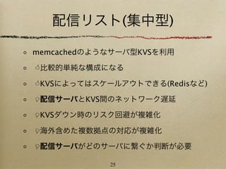 配信リスト(集中型)

memcachedのようなサーバ型KVSを利用

比較的単純な構成になる

KVSによってはスケールアウトできる(Redisなど)

配信サーバとKVS間のネットワーク遅延

KVSダウン時のリスク回避が複雑化

海外含めた複数拠点の対応が複雑化

配信サーバがどのサーバに繋ぐか判断が必要

            25
 