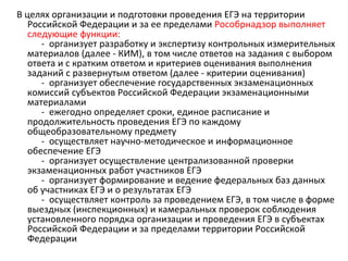 В целях организации и подготовки проведения ЕГЭ на территории
   Российской Федерации и за ее пределами Рособрнадзор выполняет
   следующие функции:
      - организует разработку и экспертизу контрольных измерительных
   материалов (далее - КИМ), в том числе ответов на задания с выбором
   ответа и с кратким ответом и критериев оценивания выполнения
   заданий с развернутым ответом (далее - критерии оценивания)
      - организует обеспечение государственных экзаменационных
   комиссий субъектов Российской Федерации экзаменационными
   материалами
      - ежегодно определяет сроки, единое расписание и
   продолжительность проведения ЕГЭ по каждому
   общеобразовательному предмету
      - осуществляет научно-методическое и информационное
   обеспечение ЕГЭ
      - организует осуществление централизованной проверки
   экзаменационных работ участников ЕГЭ
      - организует формирование и ведение федеральных баз данных
   об участниках ЕГЭ и о результатах ЕГЭ
      - осуществляет контроль за проведением ЕГЭ, в том числе в форме
   выездных (инспекционных) и камеральных проверок соблюдения
   установленного порядка организации и проведения ЕГЭ в субъектах
   Российской Федерации и за пределами территории Российской
   Федерации
 
