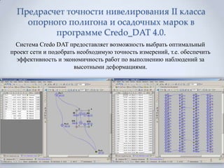 Предрасчет точности нивелирования II класса
    опорного полигона и осадочных марок в
          программе Credo_DAT 4.0.
  Система Credo DAT предоставляет возможность выбрать оптимальный
проект сети и подобрать необходимую точность измерений, т.е. обеспечить
  эффективность и экономичность работ по выполнению наблюдений за
                       высотными деформациями.




                                                                      5
 