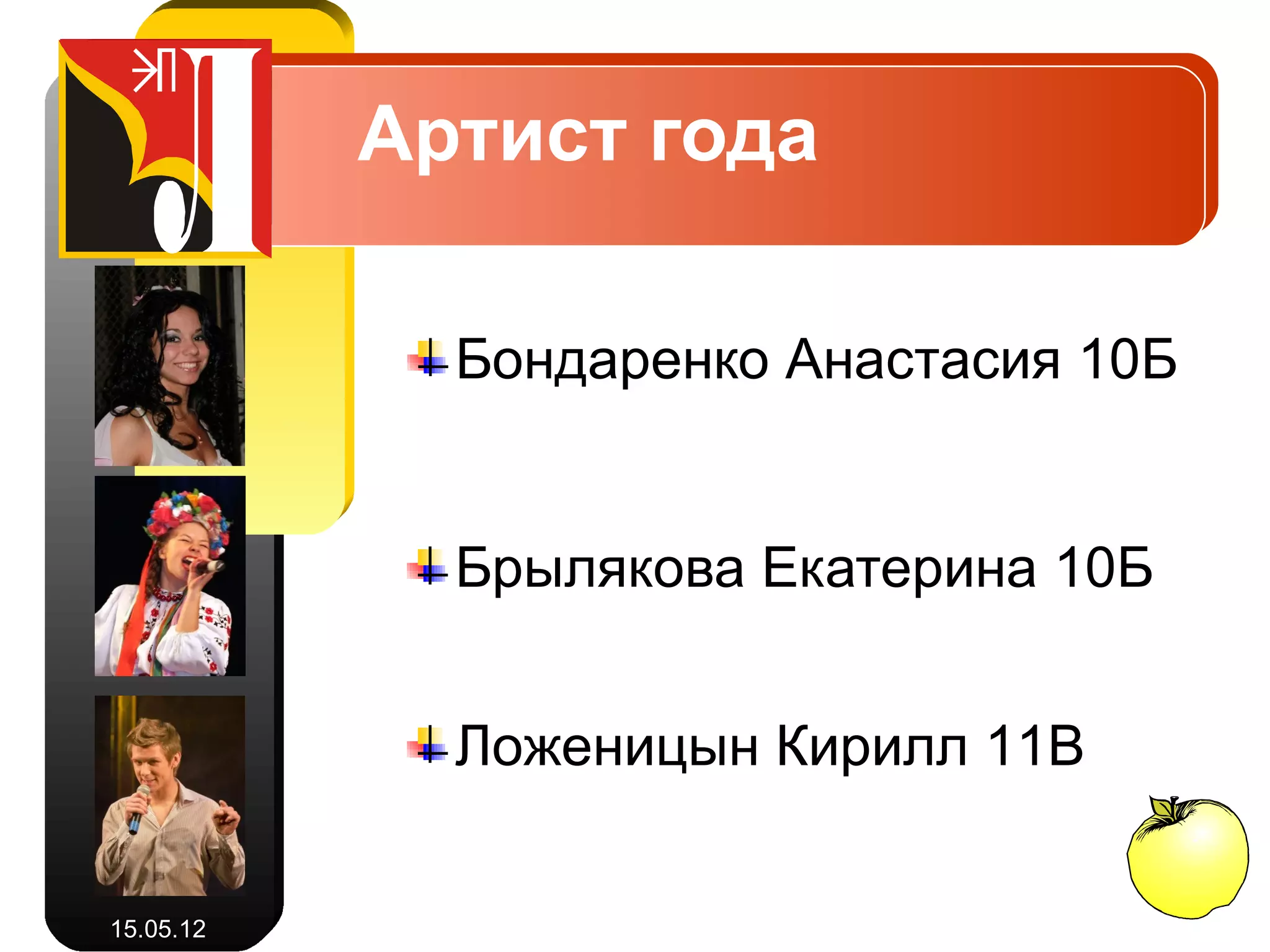 Артист года

             Бондаренко Анастасия 10Б


             Брылякова Екатерина 10Б


             Ложеницын Кирилл 11В


15.05.12
 