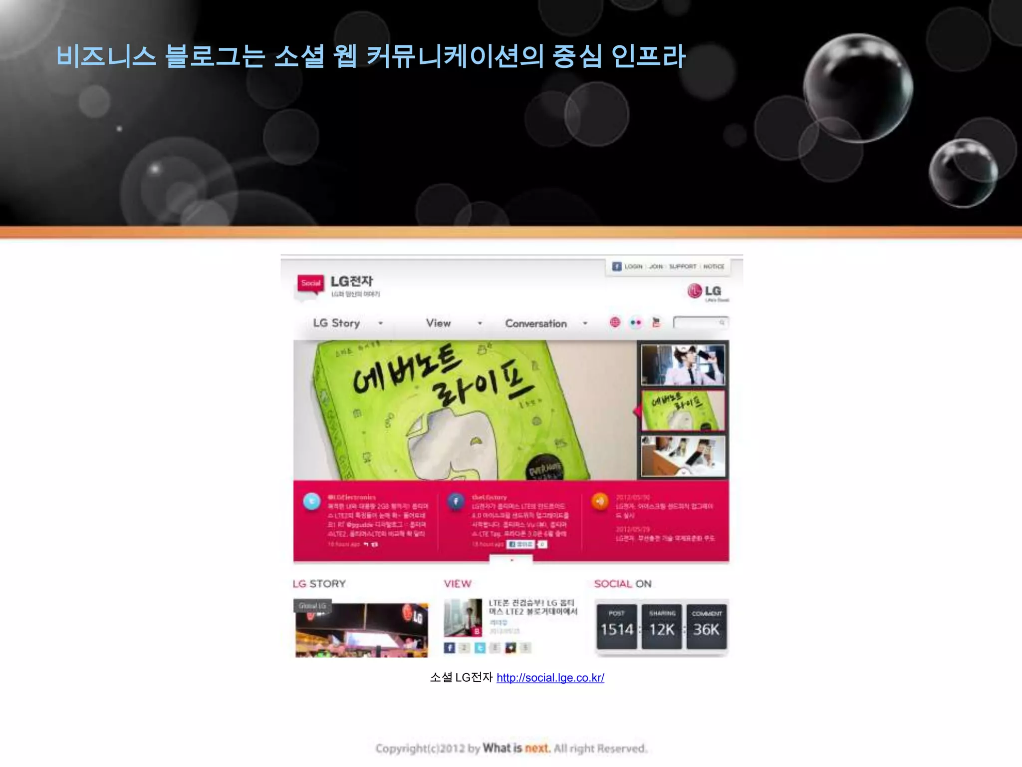 비즈니스 블로그는 소셜 웹 커뮤니케이션의 중심 인프라




                 소셜 LG전자 http://social.lge.co.kr/
 