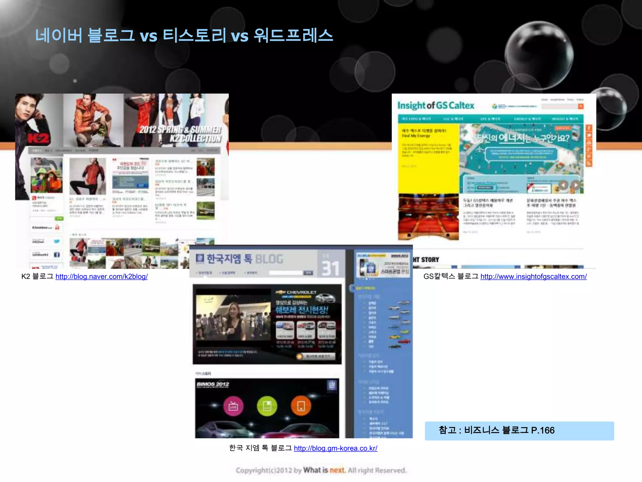 네이버 블로그 vs 티스토리 vs 워드프레스




K2 블로그 http://blog.naver.com/k2blog/                                             GS칼텍스 블로그 http://www.insightofgscaltex.com/




                                                                                    참고 : 비즈니스 블로그 P.166
                                       한국 지엠 톡 블로그 http://blog.gm-korea.co.kr/
 