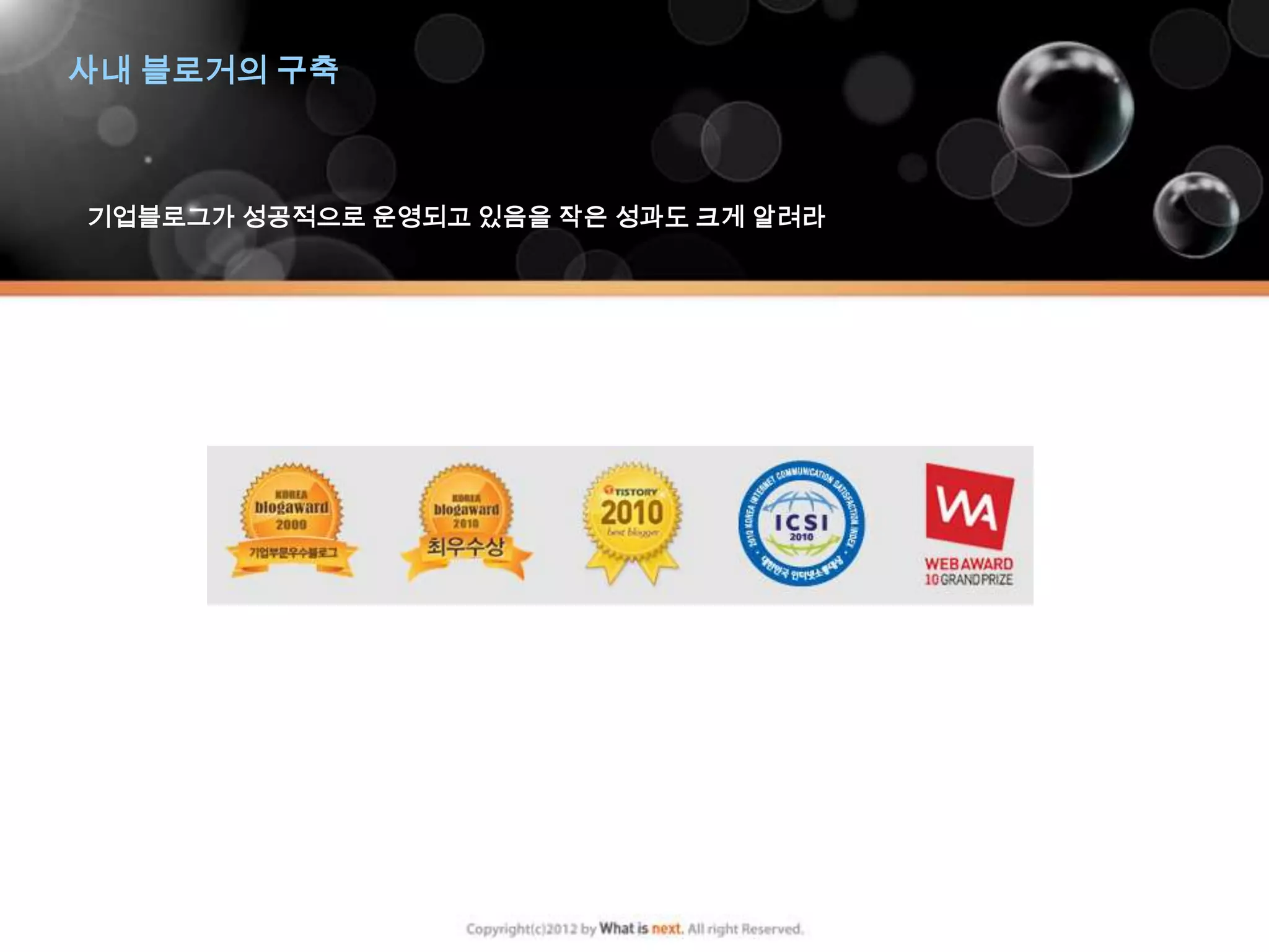 사내 블로거의 구축



기업블로그가 성공적으로 운영되고 있음을 작은 성과도 크게 알려라
 