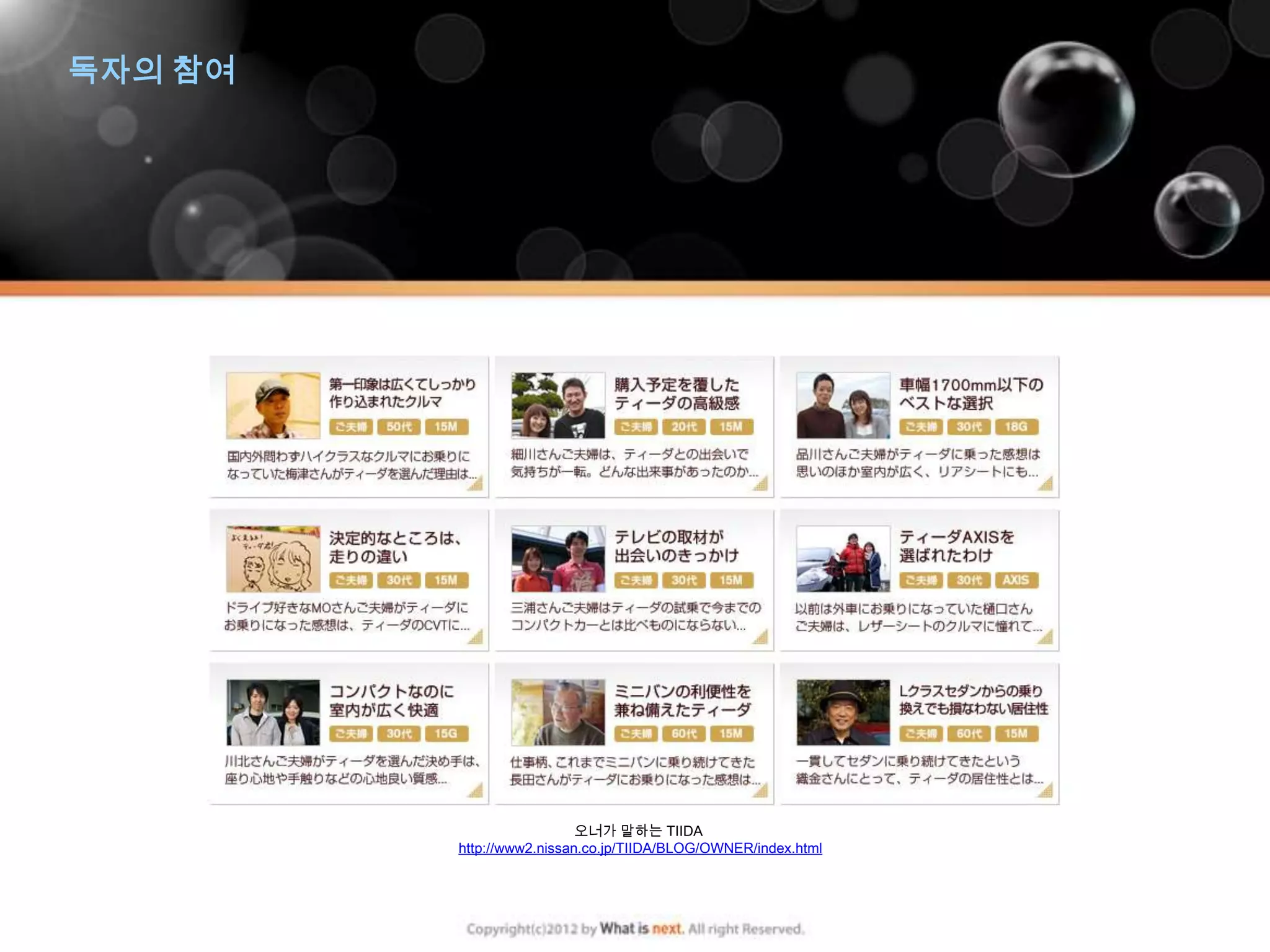 독자의 참여




                           오너가 말하는 TIIDA
         http://www2.nissan.co.jp/TIIDA/BLOG/OWNER/index.html
 