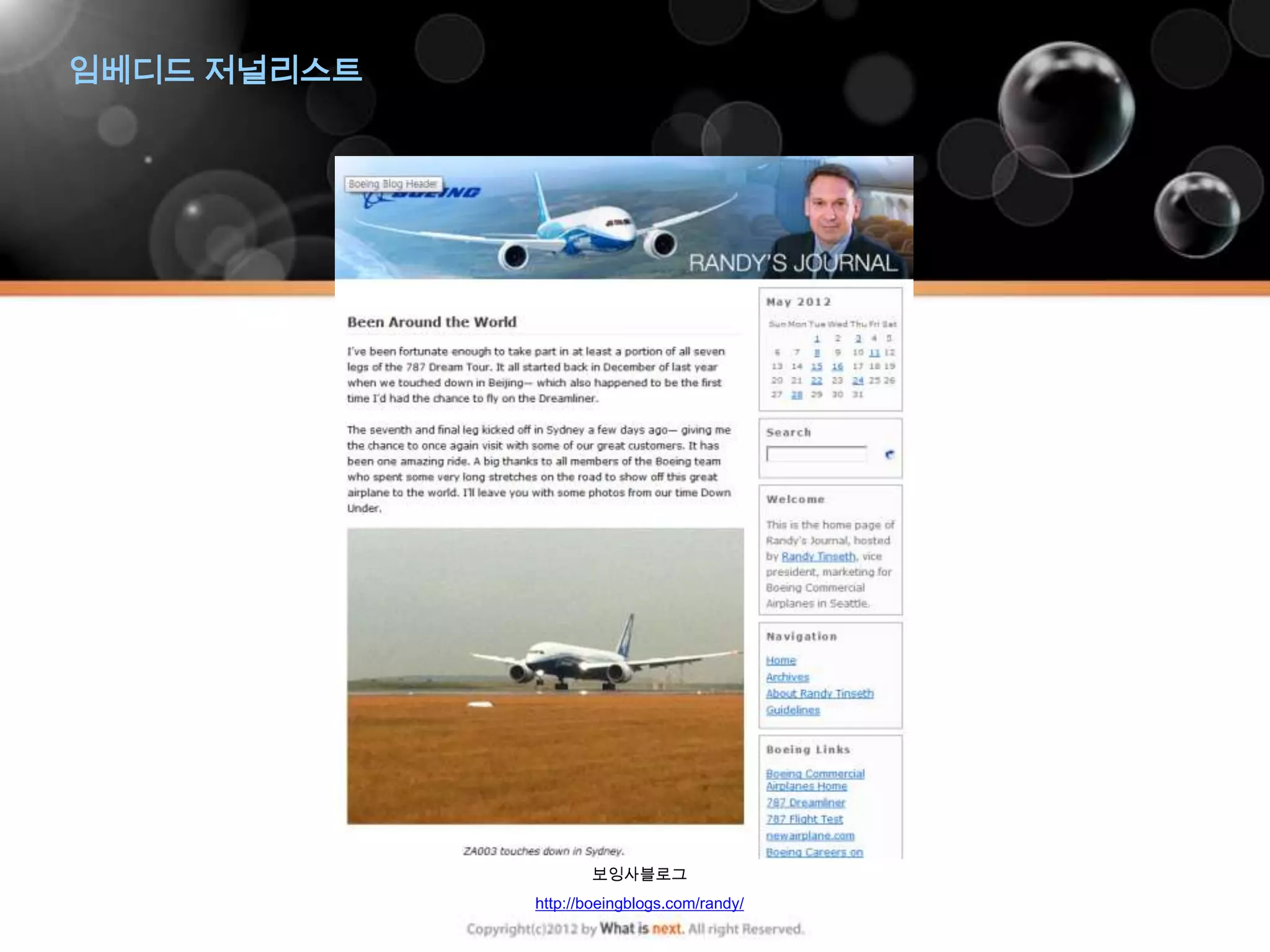 임베디드 저널리스트




                    보잉사블로그
             http://boeingblogs.com/randy/
 
