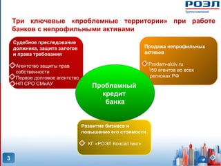 Три ключевые «проблемные территории» при работе
    банков с непрофильными активами
    Судебное преследование
    должника, защита залогов                              Продажа непрофильных
    и права требования                                    активов

     Агентство защиты прав                                 Prodam-aktiv.ru
     собственности                                         150 агентов во всех
     Первое долговое агентство                              регионах РФ
     НП СРО СМиАУ                   Проблемный
                                      кредит
                                       банка


                                 Развитие бизнеса и
                                 повышение его стоимости

                                   КГ «РОЭЛ Консалтинг»


3
 