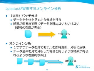 Jubatusが実現するオンライン分析
l    （従来）バッチ分析
      l  データを全体を⾒見見てから分析を⾏行行う
      l  結果が返るまで遅くデータを貯めないといけない
          （情報の在庫が発⽣生）

                           分析モデル



l    オンライン分析
      l  １つずつデータを⾒見見てモデルを即時更更新、分析に反映
      l  データ全体を⾒見見て分析した場合と同じような結果が得ら
          れるような理理論論的な保証
                             分析モデル


                    49	
 