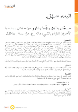 ‫البدء سهل.‬
                      ‫ِّ‬
‫س���جل وتأهل ونشط وتطور من خالل مساعدة‬
                                    ‫ِّ‬
‫اآلخرين للقيام بالشيء ذاته يف مؤسسة ‪.QNET‬‬
                                                                                              ‫التسجيل‬
‫قم بالتس���جيل على اإلنترنت عبر موقع ‪ www.qnet.net‬أو من خالل موقع الويب الش���خصي للممثل المستقل‬
‫للمحيل المباش���ر. يمكنك ببس���اطة الدفع للحصول على باقة التمثيل المس���تقل لعام واحد، والتي تش���تمل على‬
‫مخط���ط أعم���ال عبر اإلنترنت وحقيبة منتج���ات تتكون من مجموعة من عروض الوس���ائط المتعددة التقديمية‬
                                                                    ‫ً‬
‫ومقاطع الفيديو والكتيبات. ستحظى أيضا بإمكانية الوصول إلى مكتبك االفتراضي الخاص والذي يمكنك من‬
‫خالله تنظيم وإدارة ومراقبة أعمالك؛ هو موقع ويب شخصي للممثل المستقل يسمح لك بتحديد وضع أعمالك‬
                                                                                                       ‫ً‬
‫وفقا لتفضيالتك الش���بكية والسوقية واستثمار التسويق عبر الوسائط االجتماعية؛ ثالثة متاجر إلكترونية ابتكارية‬
‫لمبيعات ومش���تريات المنتجات؛ والعديد من األدوات الجديدة والرائعة للتجارة اإللكترونية والتسويق واألعمال‬
                           ‫لمساعدتك يف تعزيز وتنمية واستخدام واستثمار وفهم أعمال ‪ QNET‬الخاصة بك!‬

‫بمجرد التسجيل، تحصل على ثالثة (3) مراكز تتبع. ومراكز األعمال هذه تمثل أساس شجرة التعيين الخاصة بك.‬

                                                                                                ‫التأهيل‬
‫يج���ب تأهيل أحد مراكز التتب���ع (‪ )TC‬الخاصة بك على األقل من خالل تحقي���ق 005 وحدة حجم أعمال ‪BV‬‬
                     ‫مؤهلة تتحقق كل منها ببيع منتجات لعميل تجزئة أو القيام بعملية شراء شخصية.‬

                                                                                                ‫التنشيط‬
‫يش���ير التنشيط إلى رعاية ممثل مستقل مؤهل بشكل مباشر إلحالة مباشرة مؤهلة واحدة على األقل لكل جانب‬
                                              ‫من جوانب مركز التتبع التابع له. هناك طريقتان للتنشيط:‬

                                                                           ‫	 الرعاية الشخصية‬
                                                                                           ‫•‬
               ‫	 الجمع بين ‪ BV‬من المشتريات الشخصية ومشتريات عميل التجزئة المحال بشكل مباشر.‬‫•‬

                                                                                                ‫التوسع‬
‫قم بزيادة نشاطك أثناء بناء وقيادة مجموعة األشخاص الذين كونك نفس أحالمك وأهدافك. مع تقدمك يف‬
                                    ‫يشار‬
‫تصنيفات ‪ QNET‬النجمية، يمكنك زيادة مكاس���بك واالس���تمتاع بنمط حياة مترف لكونك عضوا يف مجتمع‬
          ‫ًَ‬
                                                                      ‫‪ QNET‬العالمي سريع النمو!‬




           ‫9‬      ‫فرصة بال حدود للمجتمع العالمي‬
 