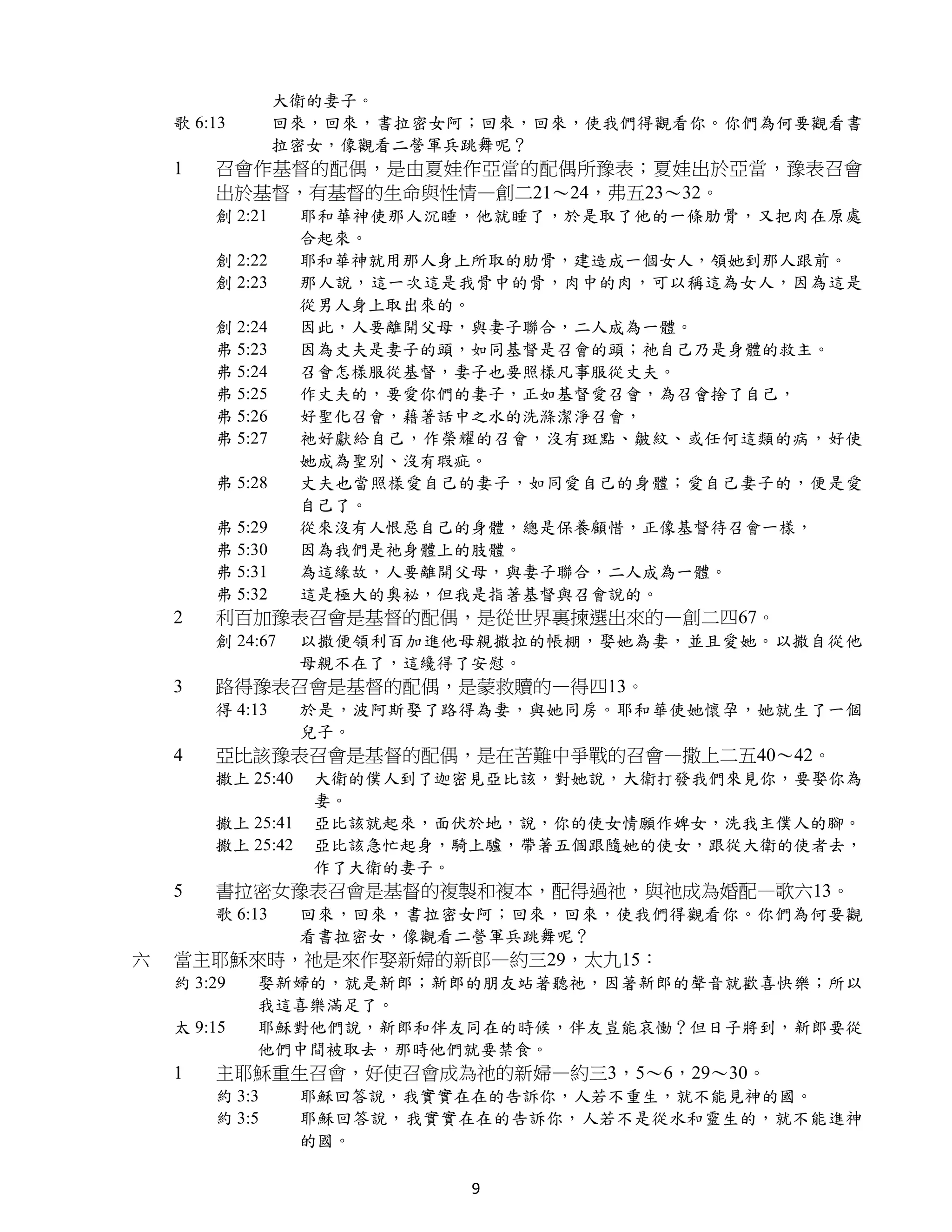大衛的妻子。
    歌 6:13       回來，回來，書拉密女阿；回來，回來，使我們得觀看你。你們為何要觀看書
                 拉密女，像觀看二營軍兵跳舞呢？
    1   召會作基督的配偶，是由夏娃作亞當的配偶所豫表；夏娃出於亞當，豫表召會
        出於基督，有基督的生命與性情—創二21～24，弗五23～32。
        創 2:21     耶和華神使那人沉睡，他就睡了，於是取了他的一條肋骨，又把肉在原處
                   合起來。
        創 2:22     耶和華神就用那人身上所取的肋骨，建造成一個女人，領她到那人跟前。
        創 2:23     那人說，這一次這是我骨中的骨，肉中的肉，可以稱這為女人，因為這是
                   從男人身上取出來的。
        創 2:24     因此，人要離開父母，與妻子聯合，二人成為一體。
        弗 5:23     因為丈夫是妻子的頭，如同基督是召會的頭；祂自己乃是身體的救主。
        弗 5:24     召會怎樣服從基督，妻子也要照樣凡事服從丈夫。
        弗 5:25     作丈夫的，要愛你們的妻子，正如基督愛召會，為召會捨了自己，
        弗 5:26     好聖化召會，藉著話中之水的洗滌潔淨召會，
        弗 5:27     祂好獻給自己，作榮耀的召會，沒有斑點、皺紋、或任何這類的病，好使
                   她成為聖別、沒有瑕疵。
        弗 5:28     丈夫也當照樣愛自己的妻子，如同愛自己的身體；愛自己妻子的，便是愛
                   自己了。
        弗 5:29     從來沒有人恨惡自己的身體，總是保養顧惜，正像基督待召會一樣，
        弗 5:30     因為我們是祂身體上的肢體。
        弗 5:31     為這緣故，人要離開父母，與妻子聯合，二人成為一體。
        弗 5:32     這是極大的奧祕，但我是指著基督與召會說的。
    2   利百加豫表召會是基督的配偶，是從世界裏揀選出來的—創二四67。
        創 24:67    以撒便領利百加進他母親撒拉的帳棚，娶她為妻，並且愛她。以撒自從他
                   母親不在了，這纔得了安慰。
    3   路得豫表召會是基督的配偶，是蒙救贖的—得四13。
        得 4:13     於是，波阿斯娶了路得為妻，與她同房。耶和華使她懷孕，她就生了一個
                   兒子。
    4   亞比該豫表召會是基督的配偶，是在苦難中爭戰的召會—撒上二五40～42。
        撒上 25:40   大衛的僕人到了迦密見亞比該，對她說，大衛打發我們來見你，要娶你為
                   妻。
        撒上 25:41   亞比該就起來，面伏於地，說，你的使女情願作婢女，洗我主僕人的腳。
        撒上 25:42   亞比該急忙起身，騎上驢，帶著五個跟隨她的使女，跟從大衛的使者去，
                   作了大衛的妻子。
    5   書拉密女豫表召會是基督的複製和複本，配得過祂，與祂成為婚配—歌六13。
        歌 6:13     回來，回來，書拉密女阿；回來，回來，使我們得觀看你。你們為何要觀
                   看書拉密女，像觀看二營軍兵跳舞呢？
六   當主耶穌來時，祂是來作娶新婦的新郎—約三29，太九15：
    約 3:29   娶新婦的，就是新郎；新郎的朋友站著聽祂，因著新郎的聲音就歡喜快樂；所以
             我這喜樂滿足了。
    太 9:15   耶穌對他們說，新郎和伴友同在的時候，伴友豈能哀慟？但日子將到，新郎要從
             他們中間被取去，那時他們就要禁食。
    1   主耶穌重生召會，好使召會成為祂的新婦—約三3，5～6，29～30。
        約 3:3      耶穌回答說，我實實在在的告訴你，人若不重生，就不能見神的國。
        約 3:5      耶穌回答說，我實實在在的告訴你，人若不是從水和靈生的，就不能進神
                   的國。

                            9
 