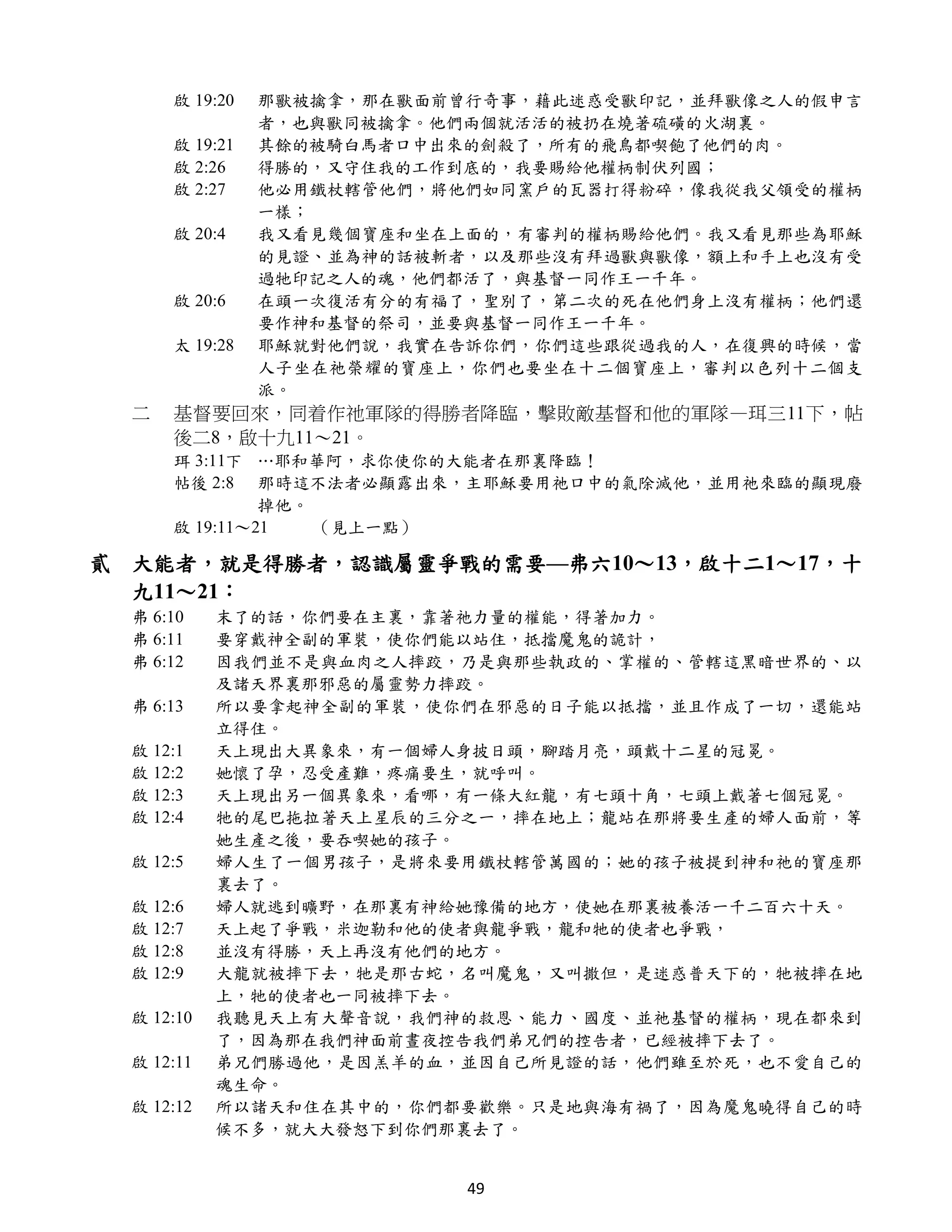 啟 19:20   那獸被擒拿，那在獸面前曾行奇事，藉此迷惑受獸印記，並拜獸像之人的假申言
                者，也與獸同被擒拿。他們兩個就活活的被扔在燒著硫磺的火湖裏。
      啟 19:21   其餘的被騎白馬者口中出來的劍殺了，所有的飛鳥都喫飽了他們的肉。
      啟 2:26    得勝的，又守住我的工作到底的，我要賜給他權柄制伏列國；
      啟 2:27    他必用鐵杖轄管他們，將他們如同窯戶的瓦器打得粉碎，像我從我父領受的權柄
                一樣；
      啟 20:4    我又看見幾個寶座和坐在上面的，有審判的權柄賜給他們。我又看見那些為耶穌
                的見證、並為神的話被斬者，以及那些沒有拜過獸與獸像，額上和手上也沒有受
                過牠印記之人的魂，他們都活了，與基督一同作王一千年。
      啟 20:6    在頭一次復活有分的有福了，聖別了，第二次的死在他們身上沒有權柄；他們還
                要作神和基督的祭司，並要與基督一同作王一千年。
      太 19:28   耶穌就對他們說，我實在告訴你們，你們這些跟從過我的人，在復興的時候，當
                人子坐在祂榮耀的寶座上，你們也要坐在十二個寶座上，審判以色列十二個支
                派。
  二   基督要回來，同着作祂軍隊的得勝者降臨，擊敗敵基督和他的軍隊—珥三11下，帖
      後二8，啟十九11～21。
      珥 3:11下 …耶和華阿，求你使你的大能者在那裏降臨！
      帖後 2:8 那時這不法者必顯露出來，主耶穌要用祂口中的氣除滅他，並用祂來臨的顯現廢
               掉他。
      啟 19:11～21   （見上一點）

貳 大能者，就是得勝者，認識屬靈爭戰的需要—弗六10～13，啟十二1～17，十
  九11～21：
  弗 6:10    末了的話，你們要在主裏，靠著祂力量的權能，得著加力。
  弗 6:11    要穿戴神全副的軍裝，使你們能以站住，抵擋魔鬼的詭計，
  弗 6:12    因我們並不是與血肉之人摔跤，乃是與那些執政的、掌權的、管轄這黑暗世界的、以
            及諸天界裏那邪惡的屬靈勢力摔跤。
  弗 6:13    所以要拿起神全副的軍裝，使你們在邪惡的日子能以抵擋，並且作成了一切，還能站
            立得住。
  啟 12:1    天上現出大異象來，有一個婦人身披日頭，腳踏月亮，頭戴十二星的冠冕。
  啟 12:2    她懷了孕，忍受產難，疼痛要生，就呼叫。
  啟 12:3    天上現出另一個異象來，看哪，有一條大紅龍，有七頭十角，七頭上戴著七個冠冕。
  啟 12:4    牠的尾巴拖拉著天上星辰的三分之一，摔在地上；龍站在那將要生產的婦人面前，等
            她生產之後，要吞喫她的孩子。
  啟 12:5    婦人生了一個男孩子，是將來要用鐵杖轄管萬國的；她的孩子被提到神和祂的寶座那
            裏去了。
  啟 12:6    婦人就逃到曠野，在那裏有神給她豫備的地方，使她在那裏被養活一千二百六十天。
  啟 12:7    天上起了爭戰，米迦勒和他的使者與龍爭戰，龍和牠的使者也爭戰，
  啟 12:8    並沒有得勝，天上再沒有他們的地方。
  啟 12:9    大龍就被摔下去，牠是那古蛇，名叫魔鬼，又叫撒但，是迷惑普天下的，牠被摔在地
            上，牠的使者也一同被摔下去。
  啟 12:10   我聽見天上有大聲音說，我們神的救恩、能力、國度、並祂基督的權柄，現在都來到
            了，因為那在我們神面前晝夜控告我們弟兄們的控告者，已經被摔下去了。
  啟 12:11   弟兄們勝過他，是因羔羊的血，並因自己所見證的話，他們雖至於死，也不愛自己的
            魂生命。
  啟 12:12   所以諸天和住在其中的，你們都要歡樂。只是地與海有禍了，因為魔鬼曉得自己的時
            候不多，就大大發怒下到你們那裏去了。


                            49
 