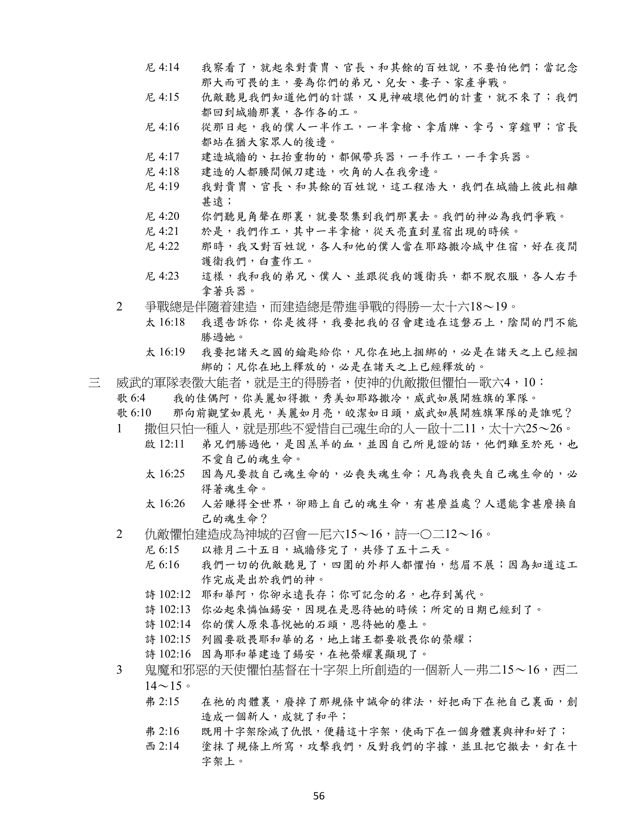 尼 4:14     我察看了，就起來對貴冑、官長、和其餘的百姓說，不要怕他們；當記念
                   那大而可畏的主，要為你們的弟兄、兒女、妻子、家產爭戰。
        尼 4:15     仇敵聽見我們知道他們的計謀，又見神破壞他們的計畫，就不來了；我們
                   都回到城牆那裏，各作各的工。
        尼 4:16     從那日起，我的僕人一半作工，一半拿槍、拿盾牌、拿弓、穿鎧甲；官長
                   都站在猶大家眾人的後邊。
        尼 4:17     建造城牆的、扛抬重物的，都佩帶兵器，一手作工，一手拿兵器。
        尼 4:18     建造的人都腰間佩刀建造，吹角的人在我旁邊。
        尼 4:19     我對貴冑、官長、和其餘的百姓說，這工程浩大，我們在城牆上彼此相離
                   甚遠；
        尼 4:20     你們聽見角聲在那裏，就要聚集到我們那裏去。我們的神必為我們爭戰。
        尼 4:21     於是，我們作工，其中一半拿槍，從天亮直到星宿出現的時候。
        尼 4:22     那時，我又對百姓說，各人和他的僕人當在耶路撒冷城中住宿，好在夜間
                   護衛我們，白晝作工。
        尼 4:23     這樣，我和我的弟兄、僕人、並跟從我的護衛兵，都不脫衣服，各人右手
                   拿著兵器。
    2   爭戰總是伴隨着建造，而建造總是帶進爭戰的得勝—太十六18～19。
        太 16:18    我還告訴你，你是彼得，我要把我的召會建造在這磐石上，陰間的門不能
                   勝過她。
        太 16:19    我要把諸天之國的鑰匙給你，凡你在地上捆綁的，必是在諸天之上已經捆
                   綁的；凡你在地上釋放的，必是在諸天之上已經釋放的。
三   威武的軍隊表徵大能者，就是主的得勝者，使神的仇敵撒但懼怕—歌六4，10：
    歌 6:4    我的佳偶阿，你美麗如得撒，秀美如耶路撒冷，威武如展開旌旗的軍隊。
    歌 6:10   那向前觀望如晨光，美麗如月亮，皎潔如日頭，威武如展開旌旗軍隊的是誰呢？
    1   撒但只怕一種人，就是那些不愛惜自己魂生命的人—啟十二11，太十六25～26。
        啟 12:11    弟兄們勝過他，是因羔羊的血，並因自己所見證的話，他們雖至於死，也
                   不愛自己的魂生命。
        太 16:25    因為凡要救自己魂生命的，必喪失魂生命；凡為我喪失自己魂生命的，必
                   得著魂生命。
        太 16:26    人若賺得全世界，卻賠上自己的魂生命，有甚麼益處？人還能拿甚麼換自
                   己的魂生命？
    2   仇敵懼怕建造成為神城的召會—尼六15～16，詩一〇二12～16。
        尼 6:15     以祿月二十五日，城牆修完了，共修了五十二天。
        尼 6:16     我們一切的仇敵聽見了，四圍的外邦人都懼怕，愁眉不展；因為知道這工
                   作完成是出於我們的神。
        詩 102:12   耶和華阿，你卻永遠長存；你可記念的名，也存到萬代。
        詩 102:13   你必起來憐恤錫安，因現在是恩待她的時候；所定的日期已經到了。
        詩 102:14   你的僕人原來喜悅她的石頭，恩待她的塵土。
        詩 102:15   列國要敬畏耶和華的名，地上諸王都要敬畏你的榮耀；
        詩 102:16   因為耶和華建造了錫安，在祂榮耀裏顯現了。
    3   鬼魔和邪惡的天使懼怕基督在十字架上所創造的一個新人—弗二15～16，西二
        14～15。
        弗 2:15     在祂的肉體裏，廢掉了那規條中誡命的律法，好把兩下在祂自己裏面，創
                   造成一個新人，成就了和平；
        弗 2:16     既用十字架除滅了仇恨，便藉這十字架，使兩下在一個身體裏與神和好了；
        西 2:14     塗抹了規條上所寫，攻擊我們，反對我們的字據，並且把它撤去，釘在十
                   字架上。


                            56
 