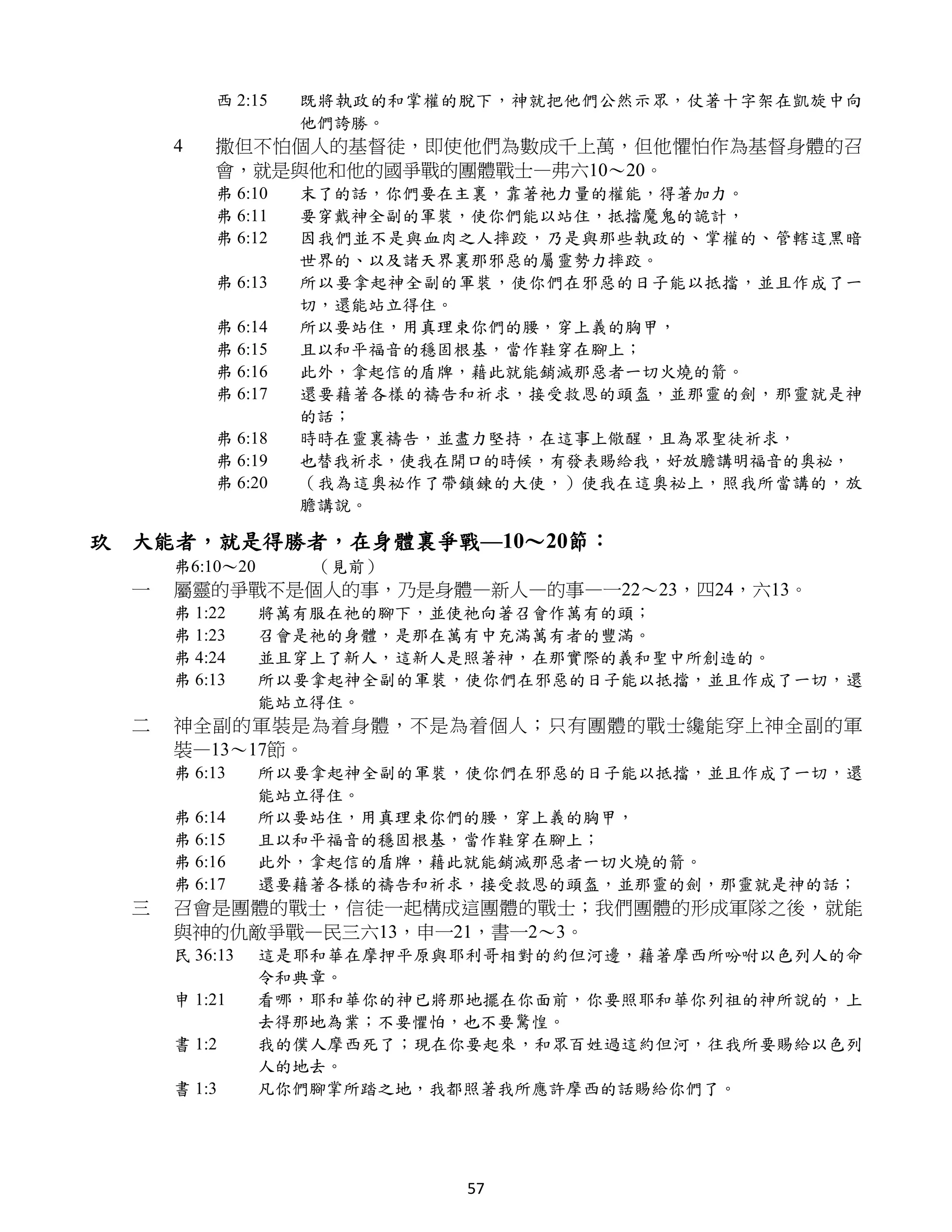 西 2:15   既將執政的和掌權的脫下，神就把他們公然示眾，仗著十字架在凱旋中向
                   他們誇勝。
      4   撒但不怕個人的基督徒，即使他們為數成千上萬，但他懼怕作為基督身體的召
          會，就是與他和他的國爭戰的團體戰士—弗六10～20。
          弗 6:10   末了的話，你們要在主裏，靠著祂力量的權能，得著加力。
          弗 6:11   要穿戴神全副的軍裝，使你們能以站住，抵擋魔鬼的詭計，
          弗 6:12   因我們並不是與血肉之人摔跤，乃是與那些執政的、掌權的、管轄這黑暗
                   世界的、以及諸天界裏那邪惡的屬靈勢力摔跤。
          弗 6:13   所以要拿起神全副的軍裝，使你們在邪惡的日子能以抵擋，並且作成了一
                   切，還能站立得住。
          弗 6:14   所以要站住，用真理束你們的腰，穿上義的胸甲，
          弗 6:15   且以和平福音的穩固根基，當作鞋穿在腳上；
          弗 6:16   此外，拿起信的盾牌，藉此就能銷滅那惡者一切火燒的箭。
          弗 6:17   還要藉著各樣的禱告和祈求，接受救恩的頭盔，並那靈的劍，那靈就是神
                   的話；
          弗 6:18   時時在靈裏禱告，並盡力堅持，在這事上儆醒，且為眾聖徒祈求，
          弗 6:19   也替我祈求，使我在開口的時候，有發表賜給我，好放膽講明福音的奧祕，
          弗 6:20   （我為這奧祕作了帶鎖鍊的大使，）使我在這奧祕上，照我所當講的，放
                   膽講說。

玖 大能者，就是得勝者，在身體裏爭戰—10～20節：
      弗6:10～20      （見前）
  一   屬靈的爭戰不是個人的事，乃是身體—新人—的事—一22～23，四24，六13。
      弗 1:22     將萬有服在祂的腳下，並使祂向著召會作萬有的頭；
      弗 1:23     召會是祂的身體，是那在萬有中充滿萬有者的豐滿。
      弗 4:24     並且穿上了新人，這新人是照著神，在那實際的義和聖中所創造的。
      弗 6:13     所以要拿起神全副的軍裝，使你們在邪惡的日子能以抵擋，並且作成了一切，還
                 能站立得住。
  二   神全副的軍裝是為着身體，不是為着個人；只有團體的戰士纔能穿上神全副的軍
      裝—13～17節。
      弗 6:13     所以要拿起神全副的軍裝，使你們在邪惡的日子能以抵擋，並且作成了一切，還
                 能站立得住。
      弗 6:14     所以要站住，用真理束你們的腰，穿上義的胸甲，
      弗 6:15     且以和平福音的穩固根基，當作鞋穿在腳上；
      弗 6:16     此外，拿起信的盾牌，藉此就能銷滅那惡者一切火燒的箭。
      弗 6:17     還要藉著各樣的禱告和祈求，接受救恩的頭盔，並那靈的劍，那靈就是神的話；
  三   召會是團體的戰士，信徒一起構成這團體的戰士；我們團體的形成軍隊之後，就能
      與神的仇敵爭戰—民三六13，申一21，書一2～3。
      民 36:13    這是耶和華在摩押平原與耶利哥相對的約但河邊，藉著摩西所吩咐以色列人的命
                 令和典章。
      申 1:21     看哪，耶和華你的神已將那地擺在你面前，你要照耶和華你列祖的神所說的，上
                 去得那地為業；不要懼怕，也不要驚惶。
      書 1:2      我的僕人摩西死了；現在你要起來，和眾百姓過這約但河，往我所要賜給以色列
                 人的地去。
      書 1:3      凡你們腳掌所踏之地，我都照著我所應許摩西的話賜給你們了。




                             57
 