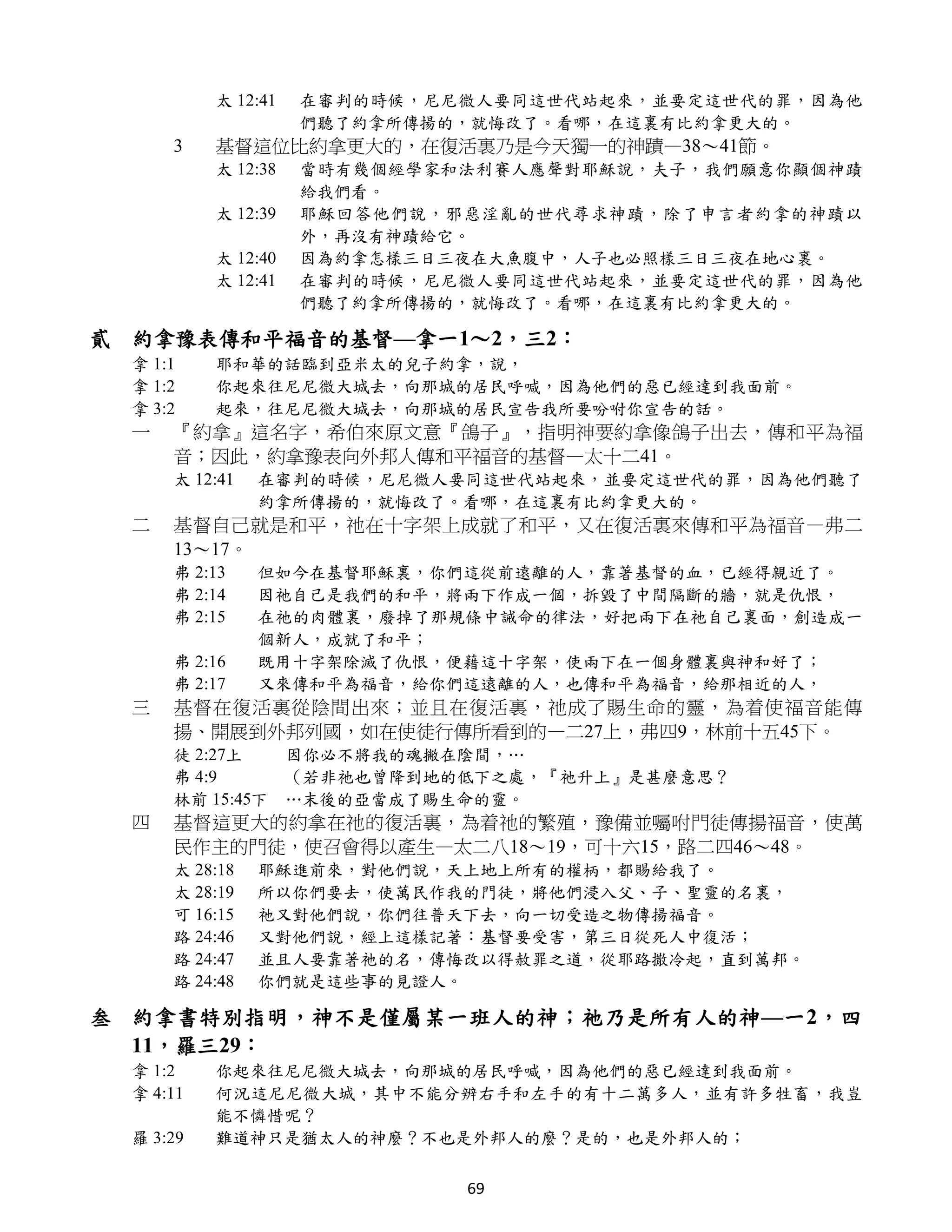 太 12:41   在審判的時候，尼尼微人要同這世代站起來，並要定這世代的罪，因為他
                     們聽了約拿所傳揚的，就悔改了。看哪，在這裏有比約拿更大的。
      3    基督這位比約拿更大的，在復活裏乃是今天獨一的神蹟—38～41節。
           太 12:38   當時有幾個經學家和法利賽人應聲對耶穌說，夫子，我們願意你顯個神蹟
                     給我們看。
           太 12:39   耶穌回答他們說，邪惡淫亂的世代尋求神蹟，除了申言者約拿的神蹟以
                     外，再沒有神蹟給它。
           太 12:40   因為約拿怎樣三日三夜在大魚腹中，人子也必照樣三日三夜在地心裏。
           太 12:41   在審判的時候，尼尼微人要同這世代站起來，並要定這世代的罪，因為他
                     們聽了約拿所傳揚的，就悔改了。看哪，在這裏有比約拿更大的。

貳 約拿豫表傳和平福音的基督—拿一1～2，三2：
  拿 1:1    耶和華的話臨到亞米太的兒子約拿，說，
  拿 1:2    你起來往尼尼微大城去，向那城的居民呼喊，因為他們的惡已經達到我面前。
  拿 3:2    起來，往尼尼微大城去，向那城的居民宣告我所要吩咐你宣告的話。
  一   『約拿』這名字，希伯來原文意『鴿子』，指明神要約拿像鴿子出去，傳和平為福
      音；因此，約拿豫表向外邦人傳和平福音的基督—太十二41。
      太 12:41   在審判的時候，尼尼微人要同這世代站起來，並要定這世代的罪，因為他們聽了
                約拿所傳揚的，就悔改了。看哪，在這裏有比約拿更大的。
  二   基督自己就是和平，祂在十字架上成就了和平，又在復活裏來傳和平為福音—弗二
      13～17。
      弗 2:13    但如今在基督耶穌裏，你們這從前遠離的人，靠著基督的血，已經得親近了。
      弗 2:14    因祂自己是我們的和平，將兩下作成一個，拆毀了中間隔斷的牆，就是仇恨，
      弗 2:15    在祂的肉體裏，廢掉了那規條中誡命的律法，好把兩下在祂自己裏面，創造成一
                個新人，成就了和平；
      弗 2:16    既用十字架除滅了仇恨，便藉這十字架，使兩下在一個身體裏與神和好了；
      弗 2:17    又來傳和平為福音，給你們這遠離的人，也傳和平為福音，給那相近的人，
  三   基督在復活裏從陰間出來；並且在復活裏，祂成了賜生命的靈，為着使福音能傳
      揚、開展到外邦列國，如在使徒行傳所看到的—二27上，弗四9，林前十五45下。
      徒 2:27上        因你必不將我的魂撇在陰間，…
      弗 4:9          （若非祂也曾降到地的低下之處，『祂升上』是甚麼意思？
      林前 15:45下      …末後的亞當成了賜生命的靈。
  四   基督這更大的約拿在祂的復活裏，為着祂的繁殖，豫備並囑咐門徒傳揚福音，使萬
      民作主的門徒，使召會得以產生—太二八18～19，可十六15，路二四46～48。
      太 28:18   耶穌進前來，對他們說，天上地上所有的權柄，都賜給我了。
      太 28:19   所以你們要去，使萬民作我的門徒，將他們浸入父、子、聖靈的名裏，
      可 16:15   祂又對他們說，你們往普天下去，向一切受造之物傳揚福音。
      路 24:46   又對他們說，經上這樣記著：基督要受害，第三日從死人中復活；
      路 24:47   並且人要靠著祂的名，傳悔改以得赦罪之道，從耶路撒冷起，直到萬邦。
      路 24:48   你們就是這些事的見證人。

叁 約拿書特別指明，神不是僅屬某一班人的神；祂乃是所有人的神—一2，四
  11，羅三29：
  拿 1:2    你起來往尼尼微大城去，向那城的居民呼喊，因為他們的惡已經達到我面前。
  拿 4:11   何況這尼尼微大城，其中不能分辨右手和左手的有十二萬多人，並有許多牲畜，我豈
           能不憐惜呢？
  羅 3:29   難道神只是猶太人的神麼？不也是外邦人的麼？是的，也是外邦人的；

                               69
 