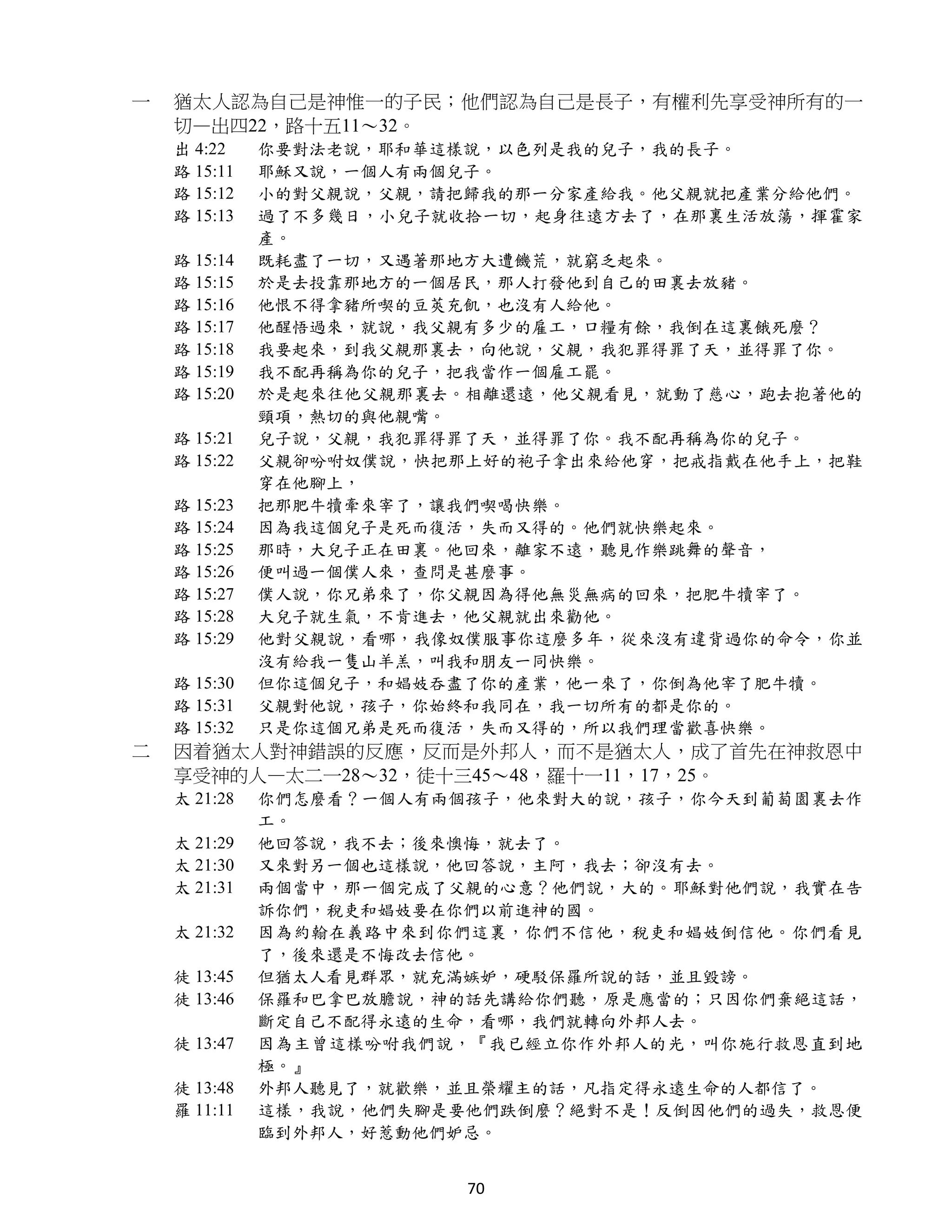 一   猶太人認為自己是神惟一的子民；他們認為自己是長子，有權利先享受神所有的一
    切—出四22，路十五11～32。
    出 4:22    你要對法老說，耶和華這樣說，以色列是我的兒子，我的長子。
    路 15:11   耶穌又說，一個人有兩個兒子。
    路 15:12   小的對父親說，父親，請把歸我的那一分家產給我。他父親就把產業分給他們。
    路 15:13   過了不多幾日，小兒子就收拾一切，起身往遠方去了，在那裏生活放蕩，揮霍家
              產。
    路 15:14   既耗盡了一切，又遇著那地方大遭饑荒，就窮乏起來。
    路 15:15   於是去投靠那地方的一個居民，那人打發他到自己的田裏去放豬。
    路 15:16   他恨不得拿豬所喫的豆莢充飢，也沒有人給他。
    路 15:17   他醒悟過來，就說，我父親有多少的雇工，口糧有餘，我倒在這裏餓死麼？
    路 15:18   我要起來，到我父親那裏去，向他說，父親，我犯罪得罪了天，並得罪了你。
    路 15:19   我不配再稱為你的兒子，把我當作一個雇工罷。
    路 15:20   於是起來往他父親那裏去。相離還遠，他父親看見，就動了慈心，跑去抱著他的
              頸項，熱切的與他親嘴。
    路 15:21   兒子說，父親，我犯罪得罪了天，並得罪了你。我不配再稱為你的兒子。
    路 15:22   父親卻吩咐奴僕說，快把那上好的袍子拿出來給他穿，把戒指戴在他手上，把鞋
              穿在他腳上，
    路 15:23   把那肥牛犢牽來宰了，讓我們喫喝快樂。
    路 15:24   因為我這個兒子是死而復活，失而又得的。他們就快樂起來。
    路 15:25   那時，大兒子正在田裏。他回來，離家不遠，聽見作樂跳舞的聲音，
    路 15:26   便叫過一個僕人來，查問是甚麼事。
    路 15:27   僕人說，你兄弟來了，你父親因為得他無災無病的回來，把肥牛犢宰了。
    路 15:28   大兒子就生氣，不肯進去，他父親就出來勸他。
    路 15:29   他對父親說，看哪，我像奴僕服事你這麼多年，從來沒有違背過你的命令，你並
              沒有給我一隻山羊羔，叫我和朋友一同快樂。
    路 15:30   但你這個兒子，和娼妓吞盡了你的產業，他一來了，你倒為他宰了肥牛犢。
    路 15:31   父親對他說，孩子，你始終和我同在，我一切所有的都是你的。
    路 15:32   只是你這個兄弟是死而復活，失而又得的，所以我們理當歡喜快樂。
二   因着猶太人對神錯誤的反應，反而是外邦人，而不是猶太人，成了首先在神救恩中
    享受神的人—太二一28～32，徒十三45～48，羅十一11，17，25。
    太 21:28   你們怎麼看？一個人有兩個孩子，他來對大的說，孩子，你今天到葡萄園裏去作
              工。
    太 21:29   他回答說，我不去；後來懊悔，就去了。
    太 21:30   又來對另一個也這樣說，他回答說，主阿，我去；卻沒有去。
    太 21:31   兩個當中，那一個完成了父親的心意？他們說，大的。耶穌對他們說，我實在告
              訴你們，稅吏和娼妓要在你們以前進神的國。
    太 21:32   因為約翰在義路中來到你們這裏，你們不信他，稅吏和娼妓倒信他。你們看見
              了，後來還是不悔改去信他。
    徒 13:45   但猶太人看見群眾，就充滿嫉妒，硬駁保羅所說的話，並且毀謗。
    徒 13:46   保羅和巴拿巴放膽說，神的話先講給你們聽，原是應當的；只因你們棄絕這話，
              斷定自己不配得永遠的生命，看哪，我們就轉向外邦人去。
    徒 13:47   因為主曾這樣吩咐我們說，『我已經立你作外邦人的光，叫你施行救恩直到地
              極。』
    徒 13:48   外邦人聽見了，就歡樂，並且榮耀主的話，凡指定得永遠生命的人都信了。
    羅 11:11   這樣，我說，他們失腳是要他們跌倒麼？絕對不是！反倒因他們的過失，救恩便
              臨到外邦人，好惹動他們妒忌。


                          70
 